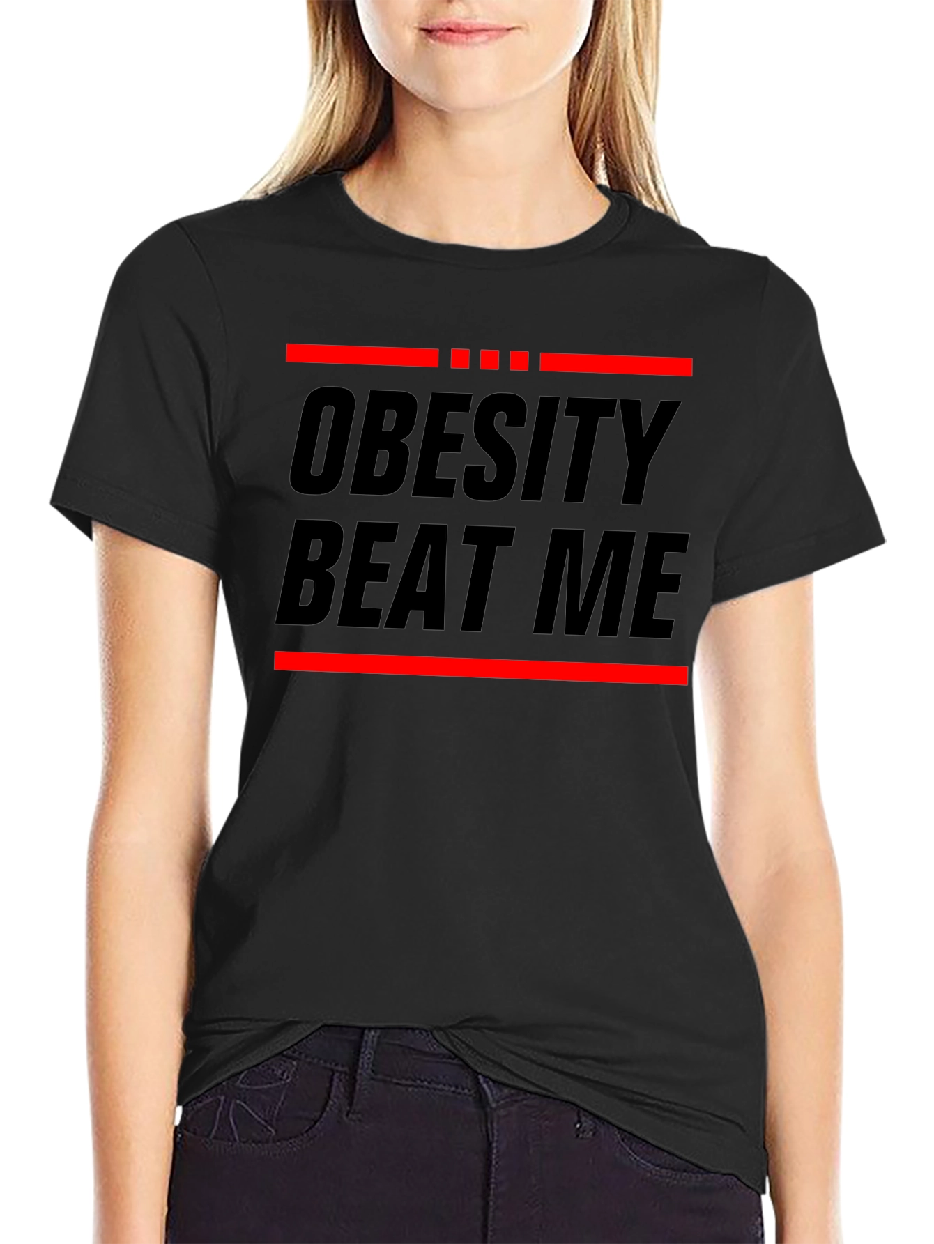 Obesity Beat Me Black Graphic T-Shirt