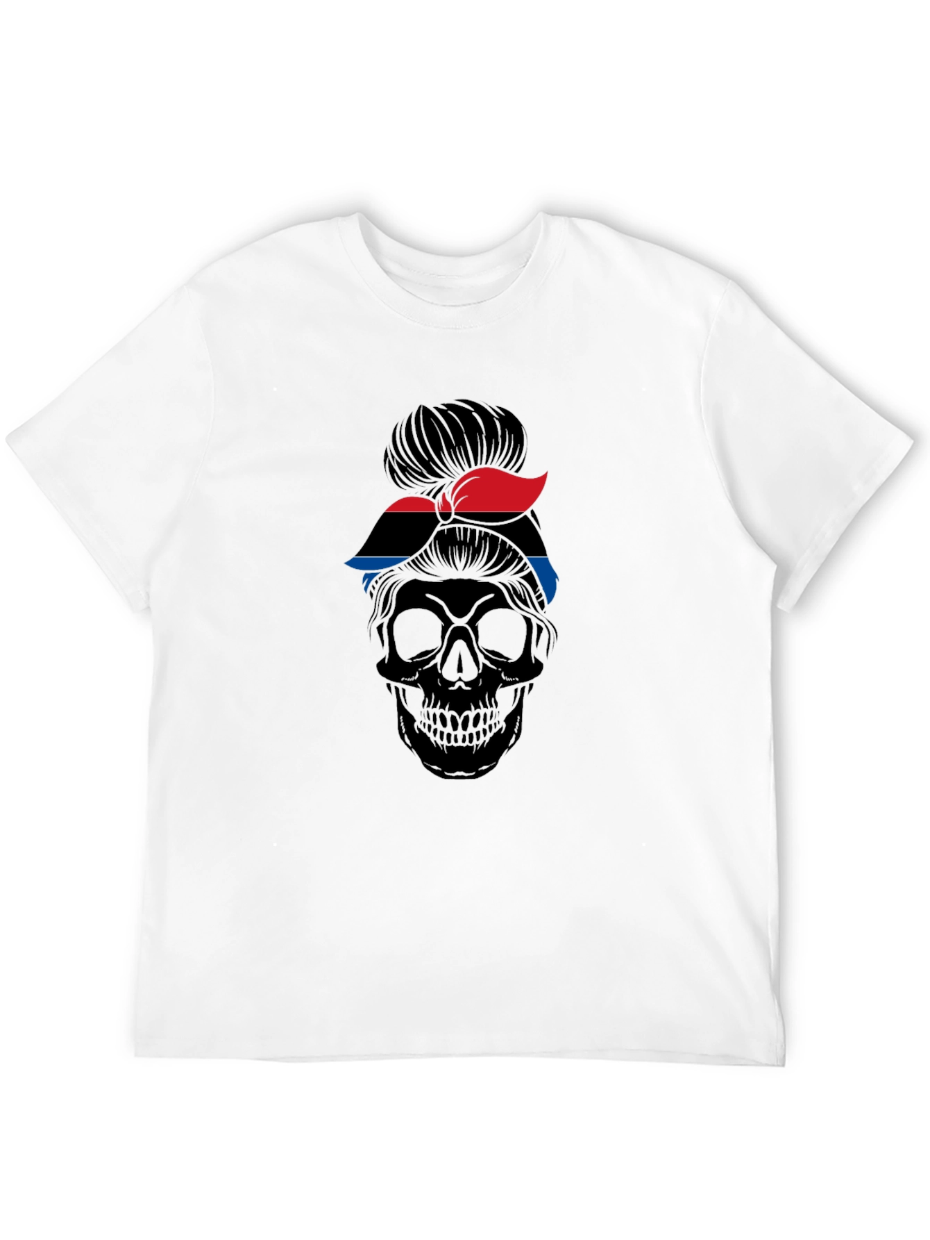 Skull Messy Bun T-Shirt - Red and Blue