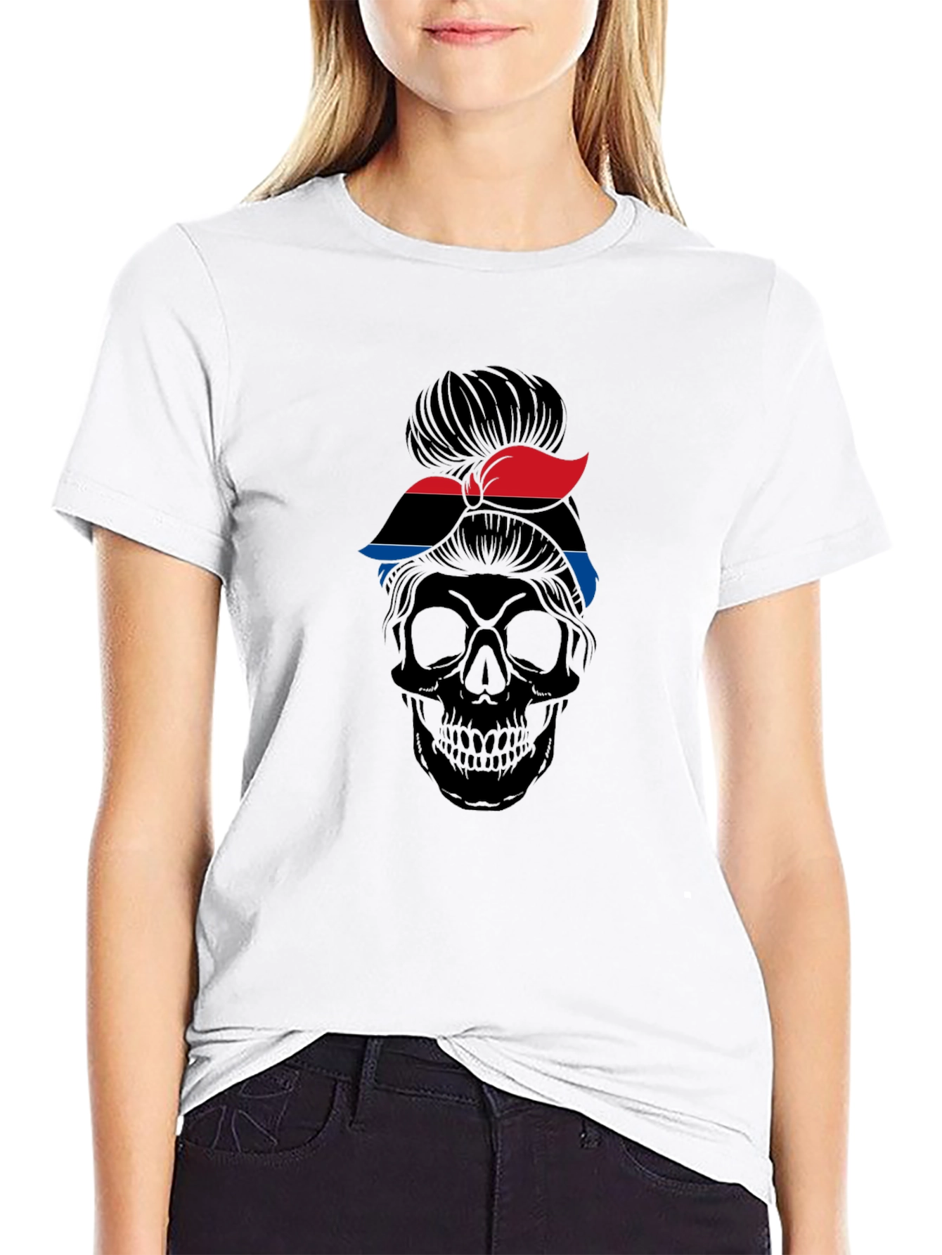 Skull Messy Bun T-Shirt - Red and Blue