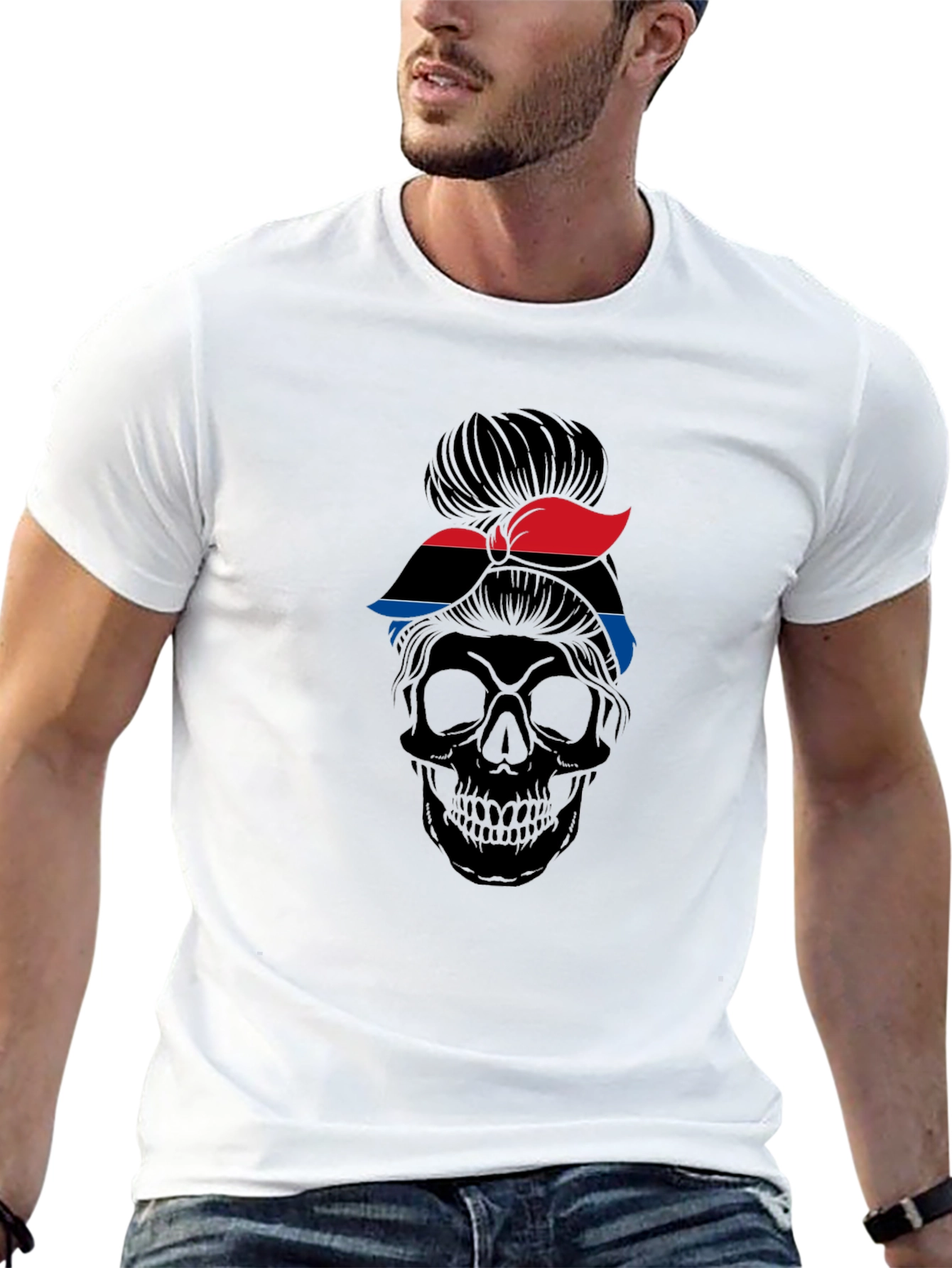 Skull Messy Bun T-Shirt - Red and Blue
