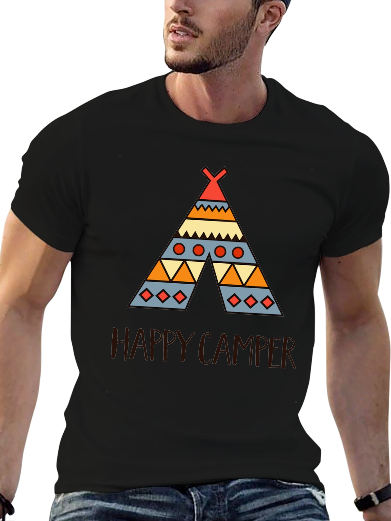Happy Camper Graphic Tee - Black Cotton T-Shirt