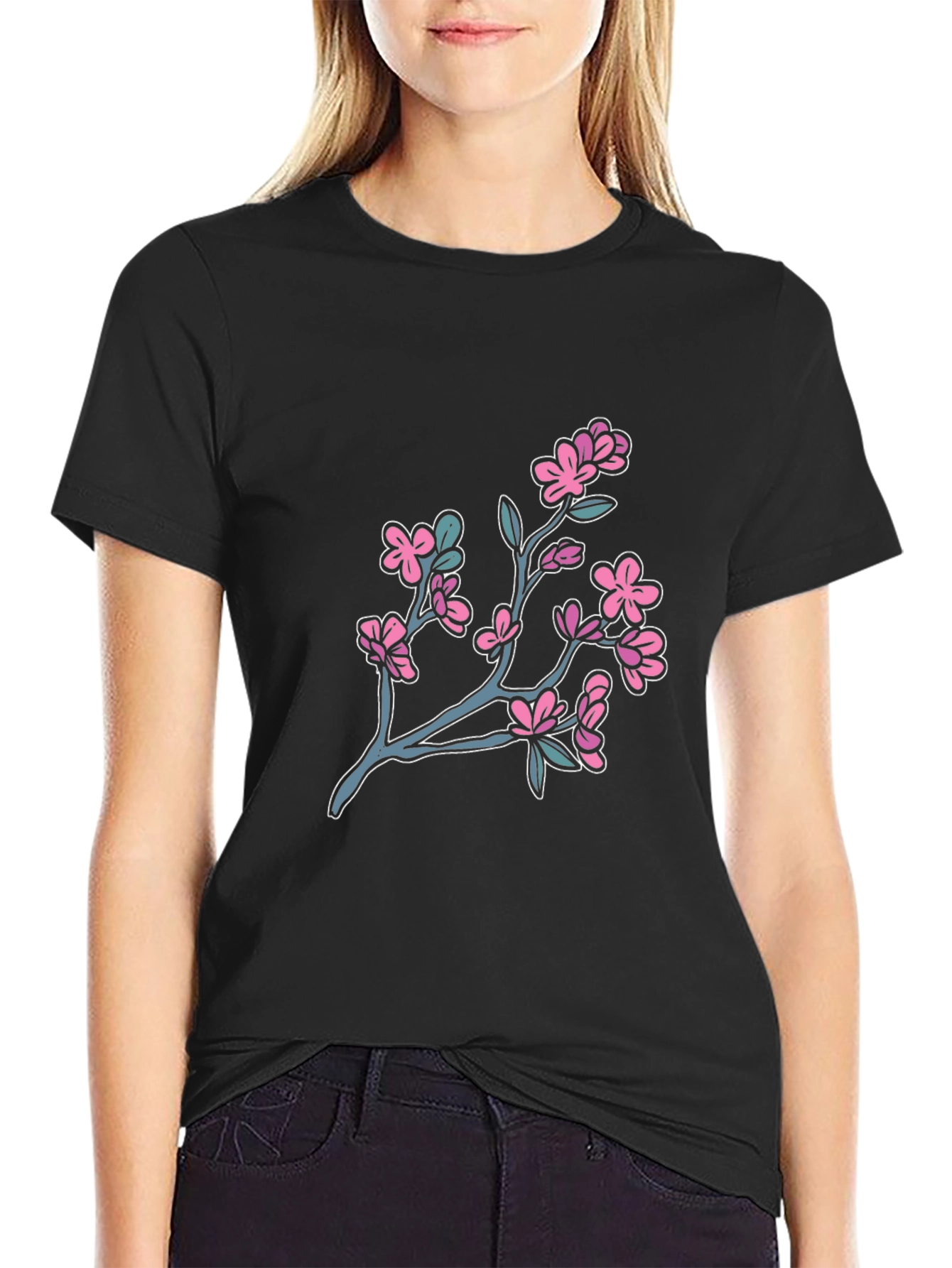 Cherry Blossom Graphic Tee - Black Cotton T-Shirt