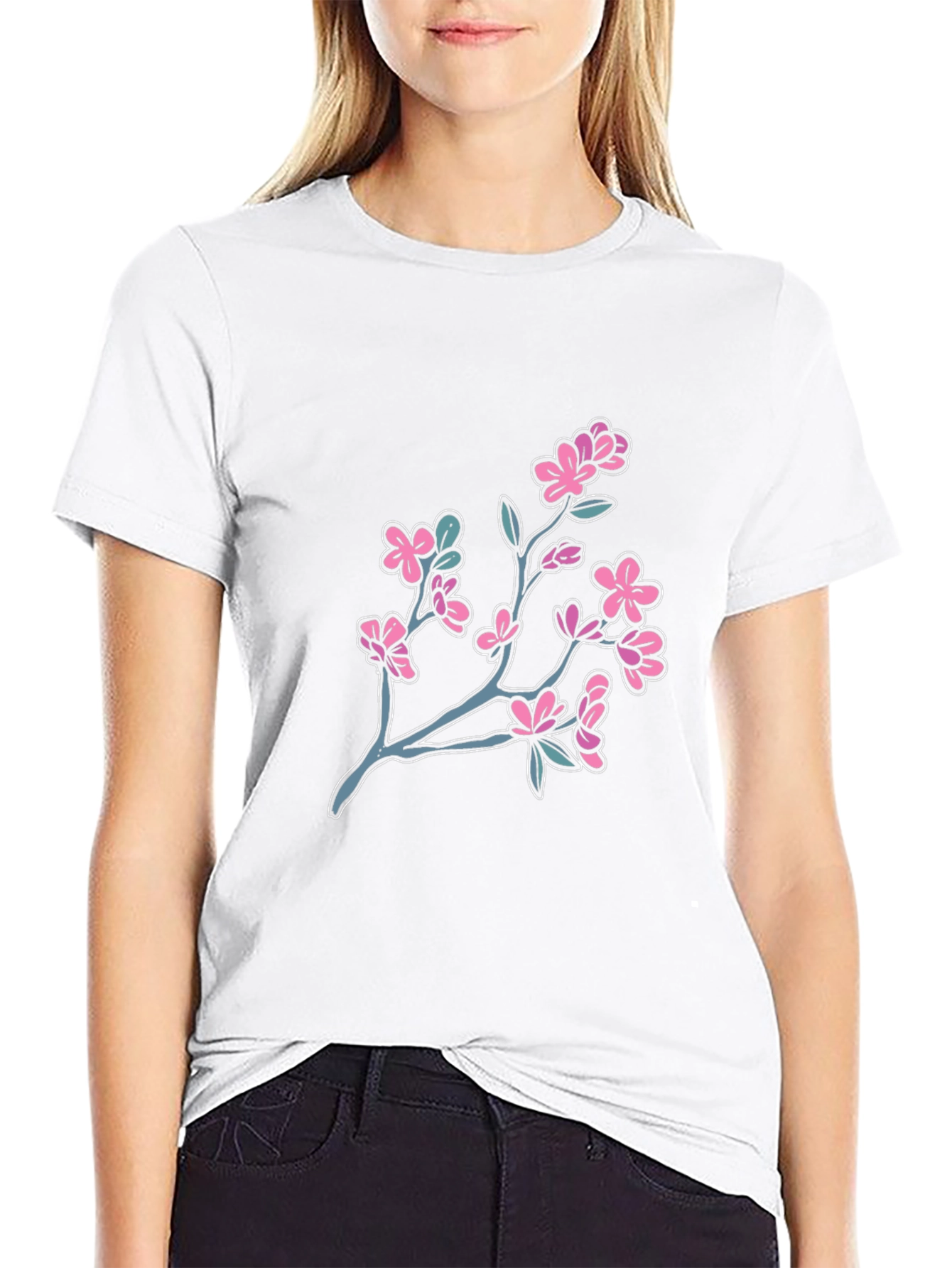 Cherry Blossom Graphic Tee - Black Cotton T-Shirt