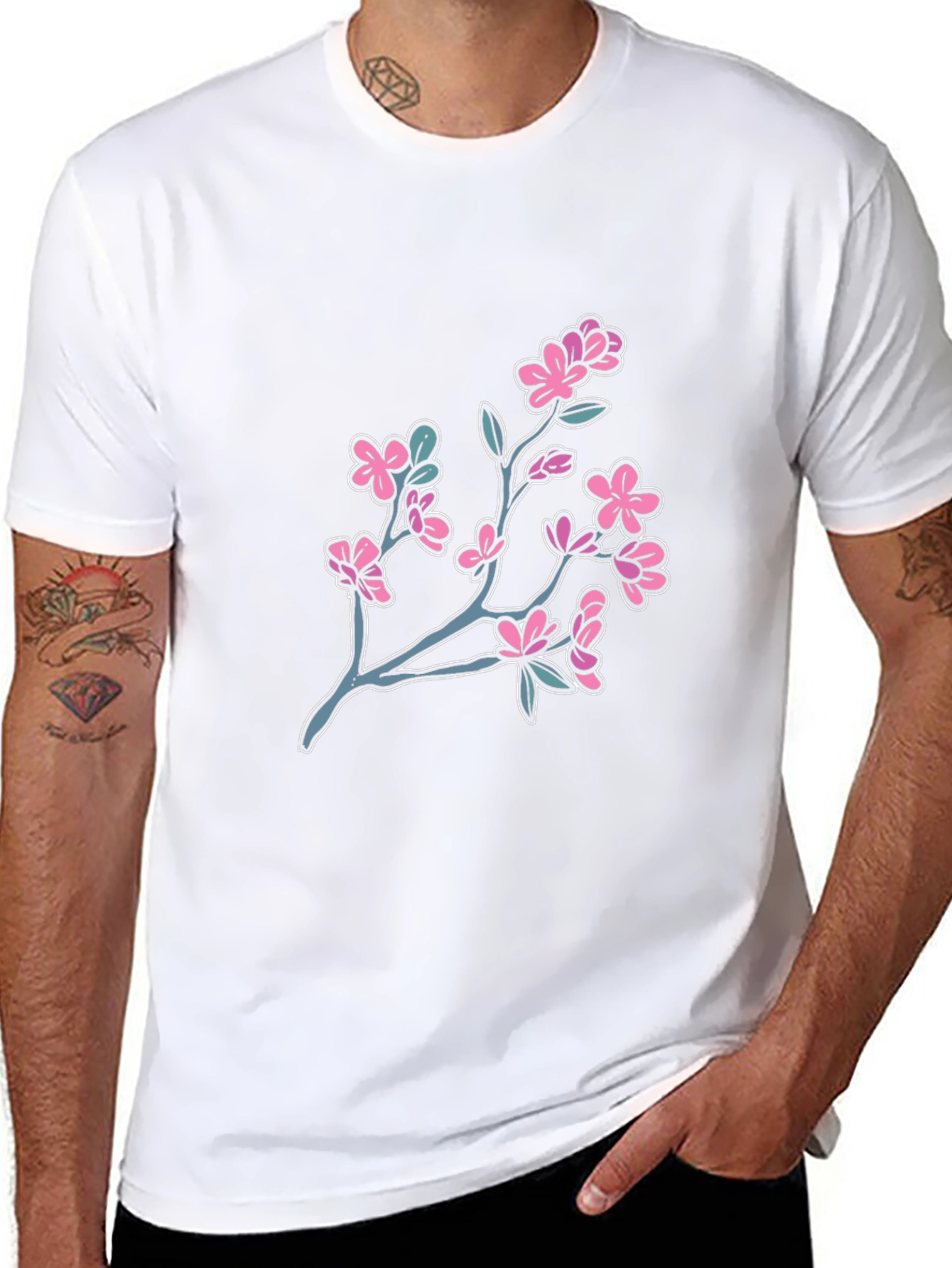 Cherry Blossom Graphic Tee - Black Cotton T-Shirt