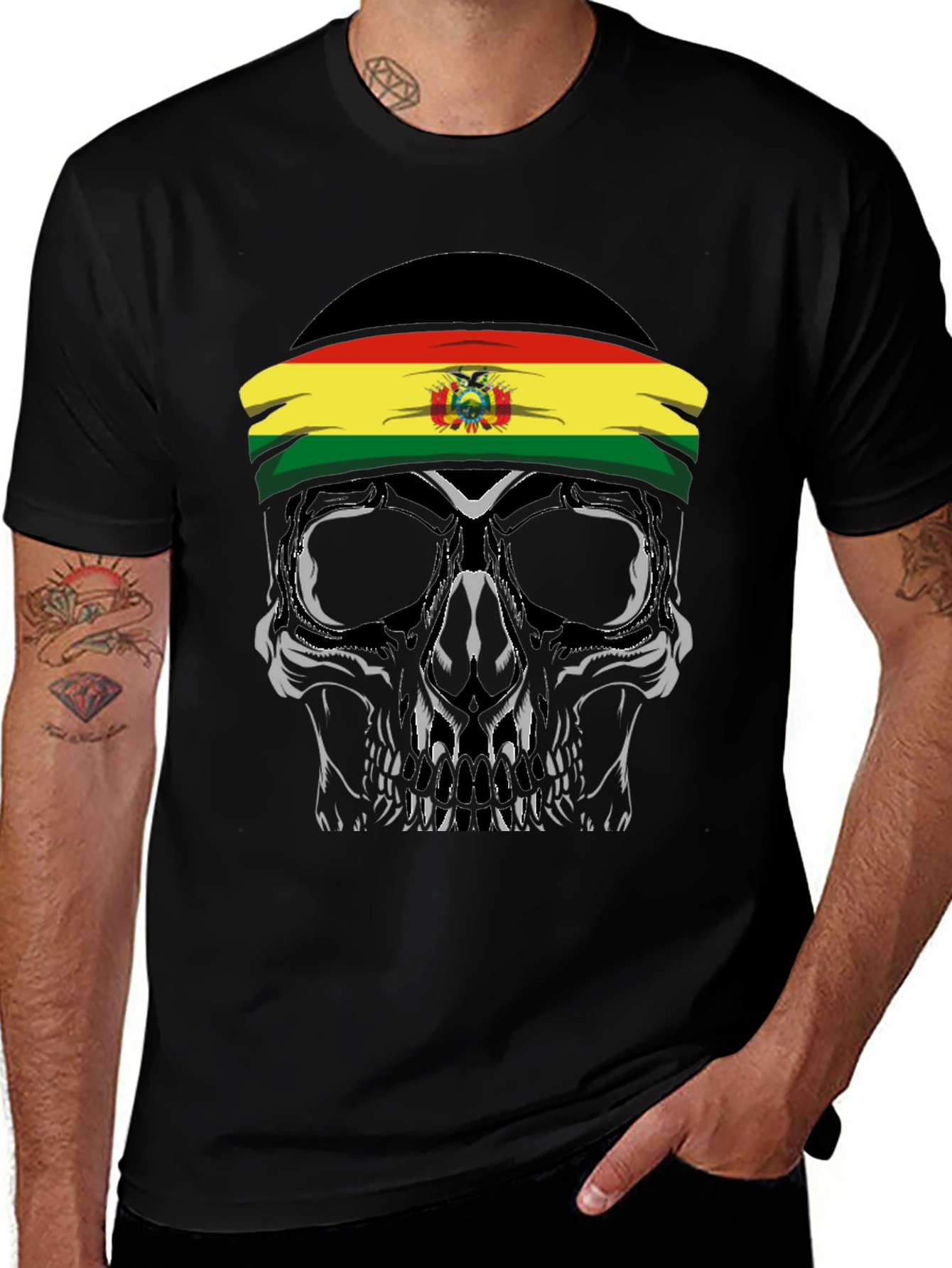Skull with Bolivian Flag Headband T-Shirt