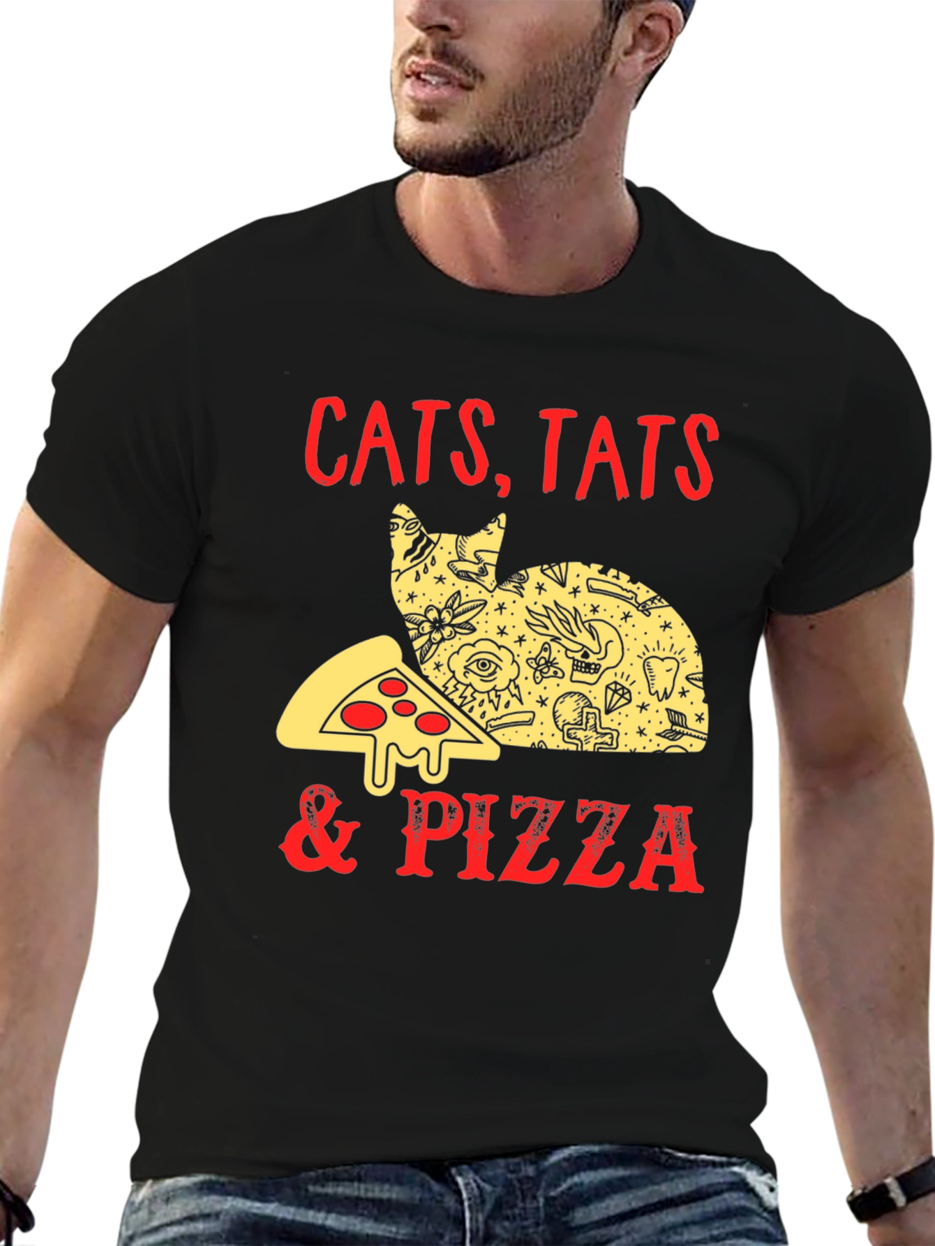 Cats Tats Pizza T-Shirt - Unique Graphic Tee