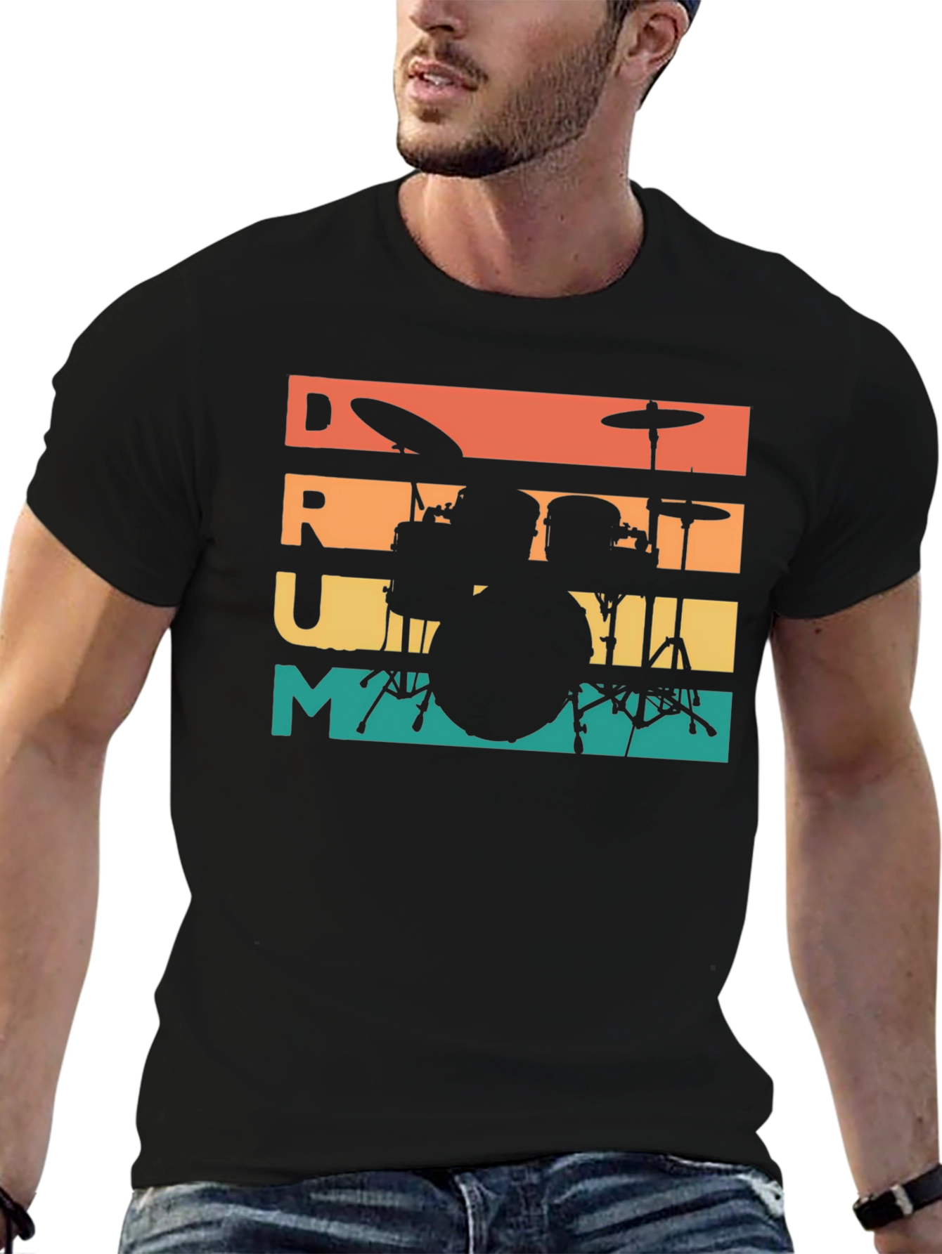 Retro Drummer Tee - Music Lovers Black T-Shirt