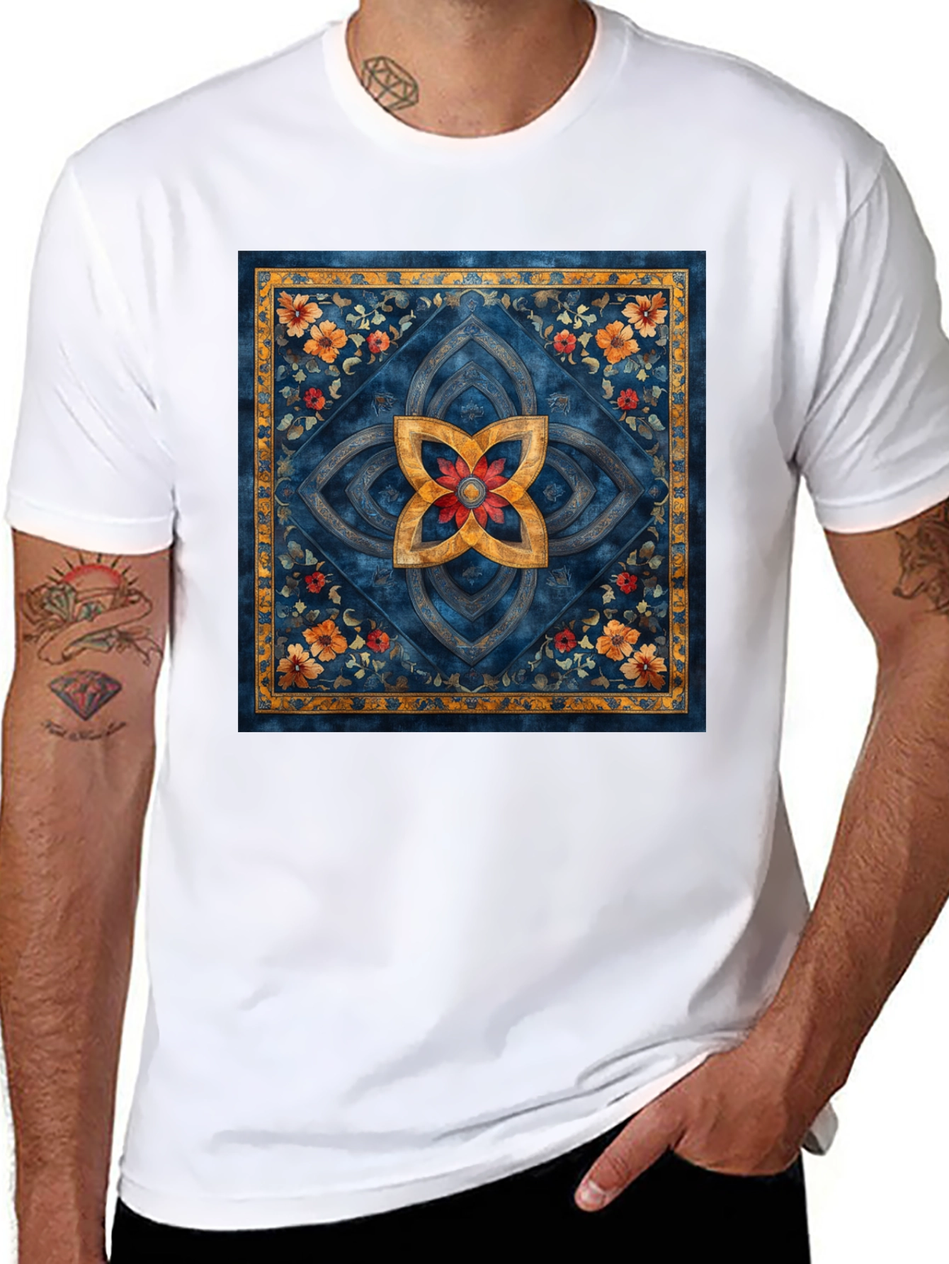 Ornamental Floral Mandala Print Black T-Shirt