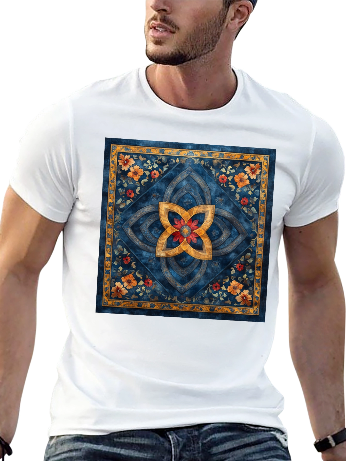 Ornamental Floral Mandala Print Black T-Shirt