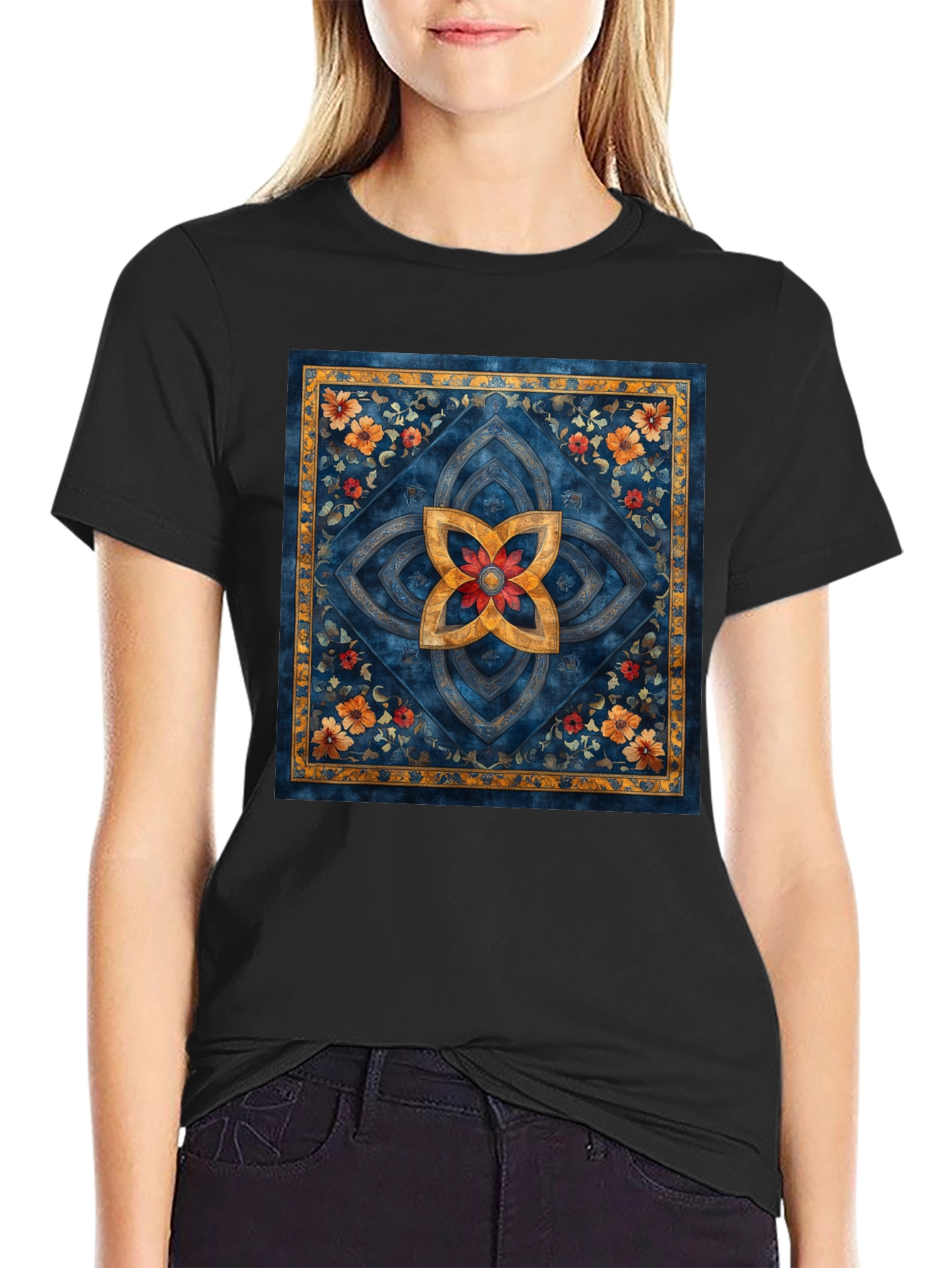 Ornamental Floral Mandala Print Black T-Shirt