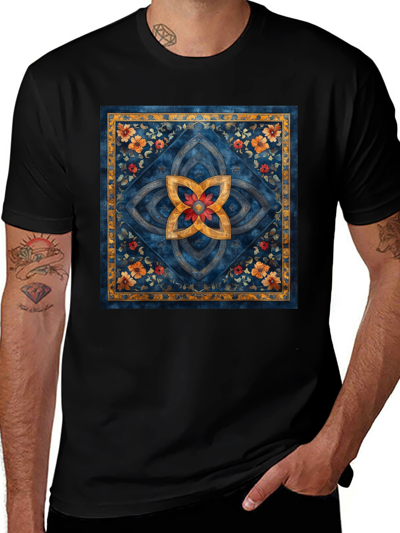 Ornamental Floral Mandala Print Black T-Shirt