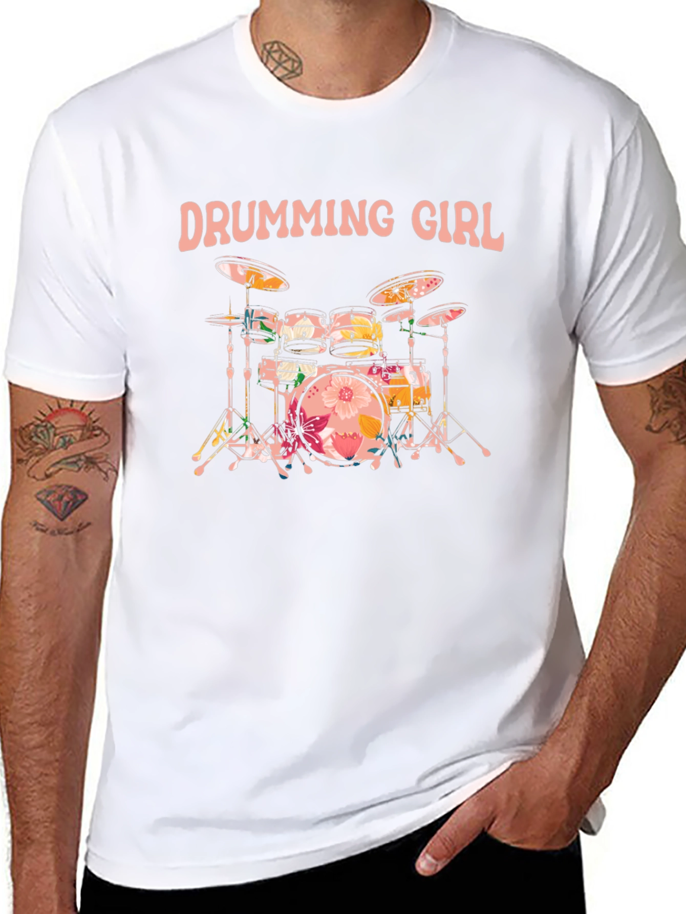 Drumming Girl Floral Drums Black T-Shirt