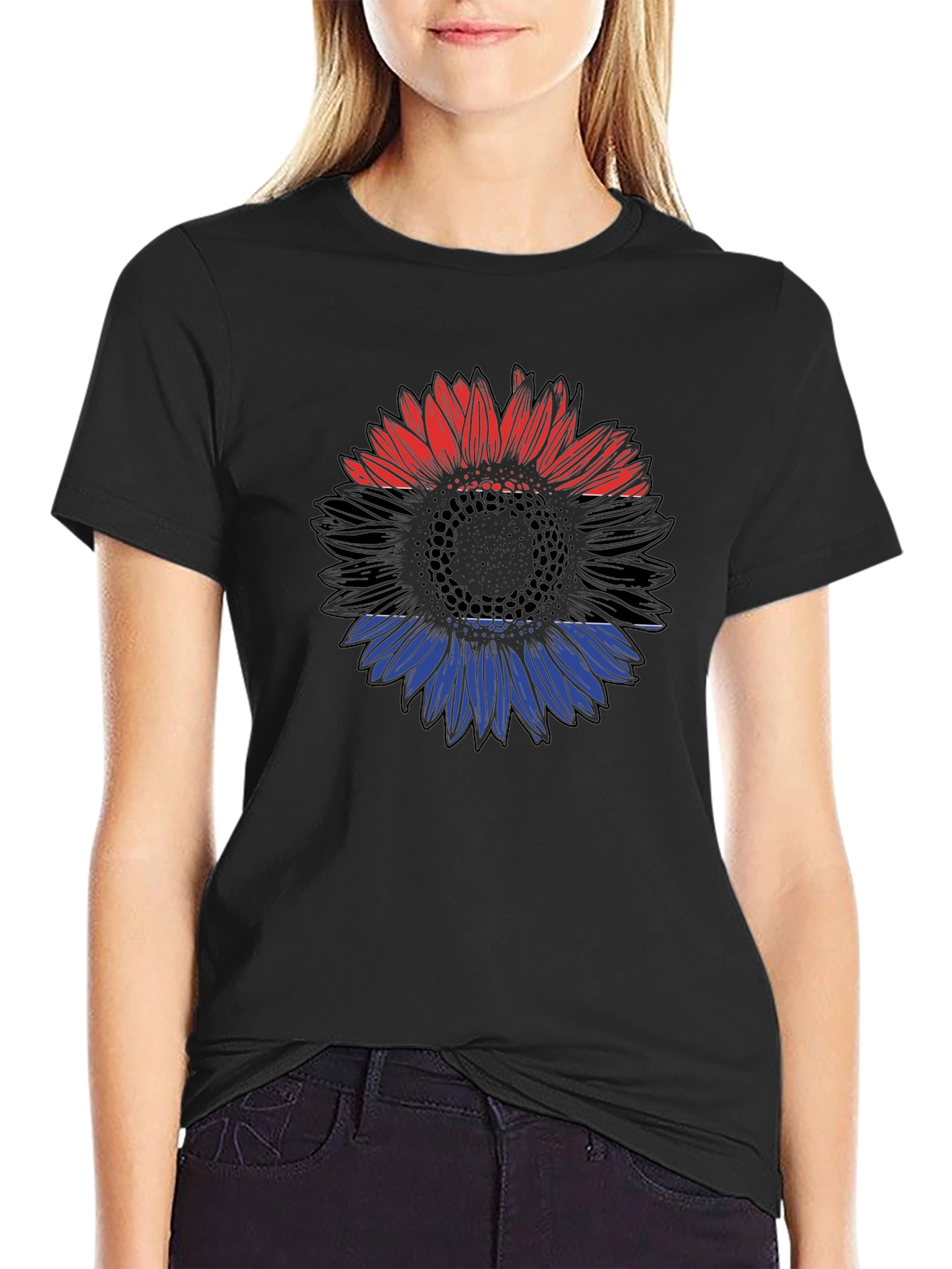 Red Black and Blue Sunflower Graphic T-Shirt