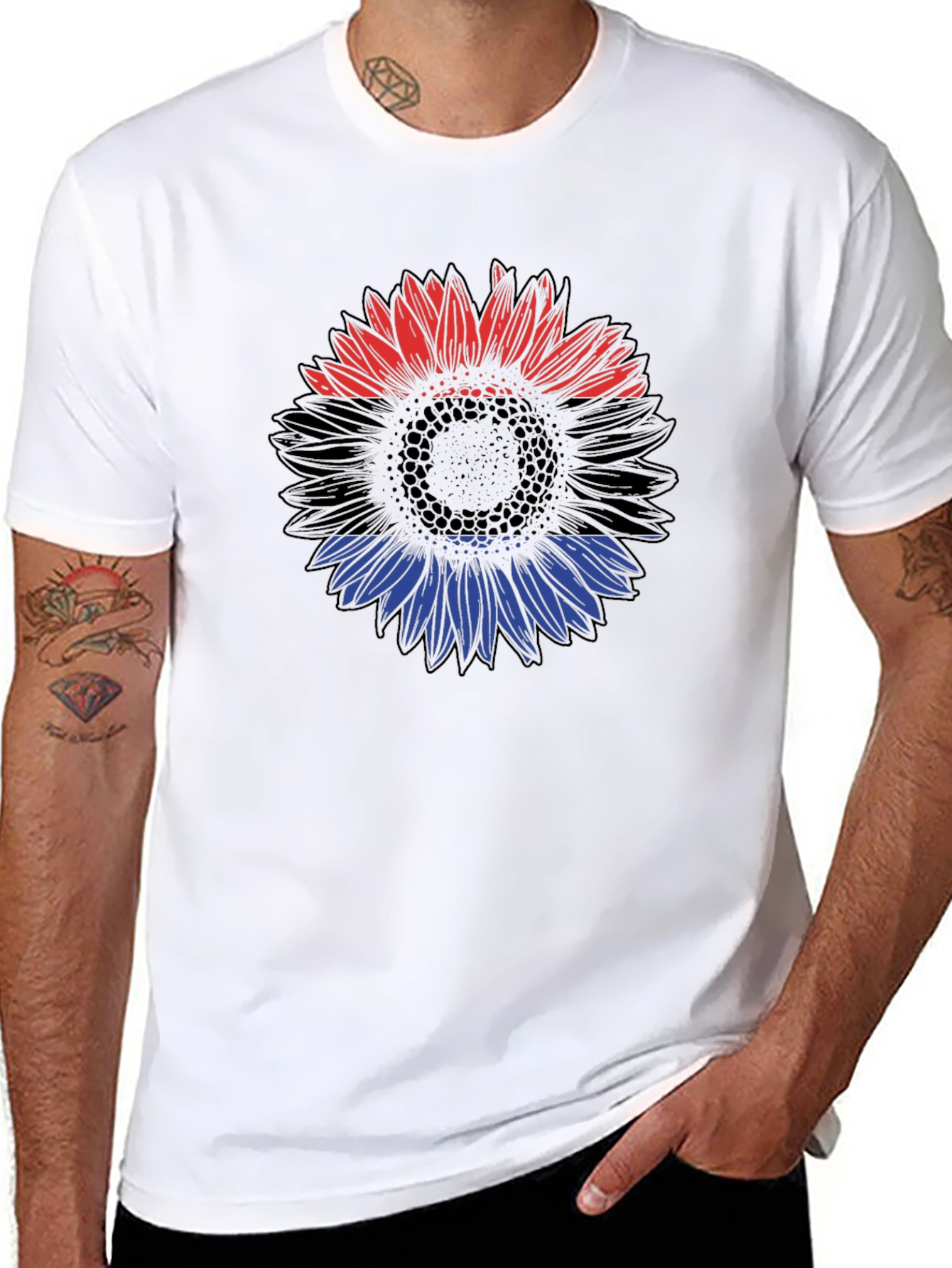 Red Black and Blue Sunflower Graphic T-Shirt
