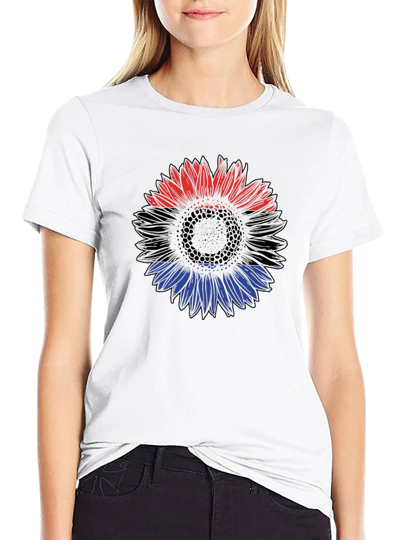 Red Black and Blue Sunflower Graphic T-Shirt