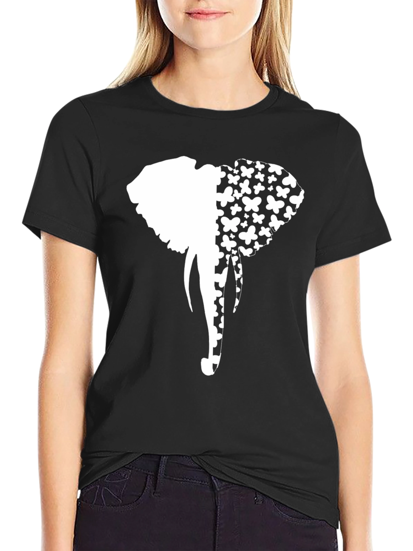 Elephant Butterfly Graphic Black Tee
