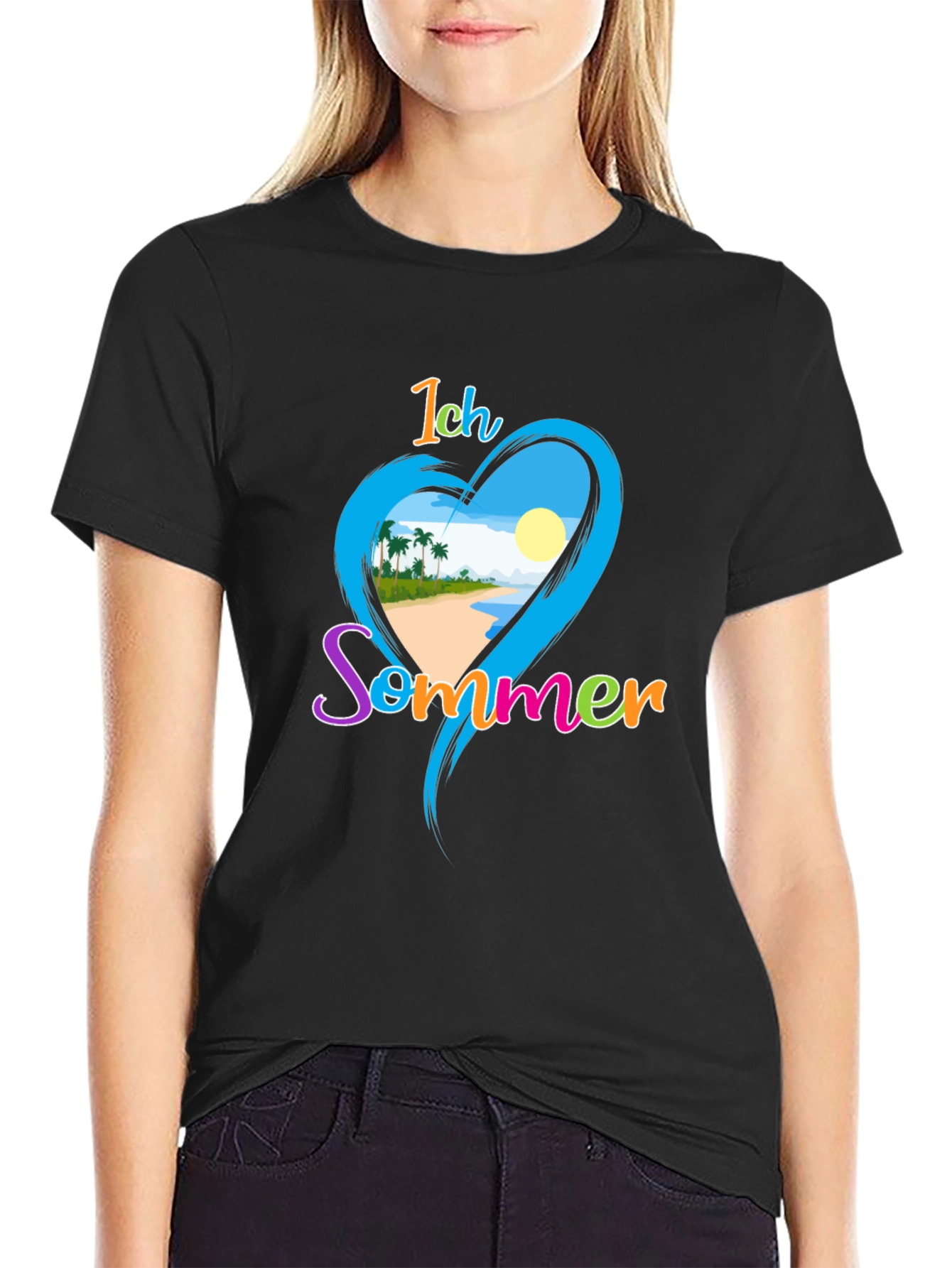 Ich Sommer Beach Heart Graphic Tee - Black
