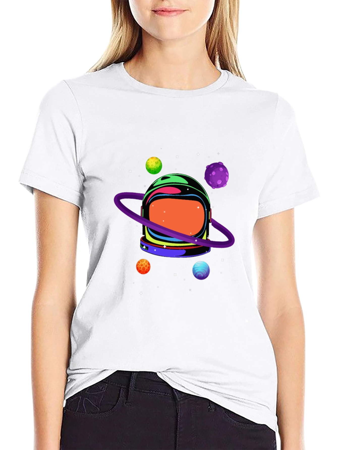 Astronaut Helmet & Planets Graphic Print Black Tee