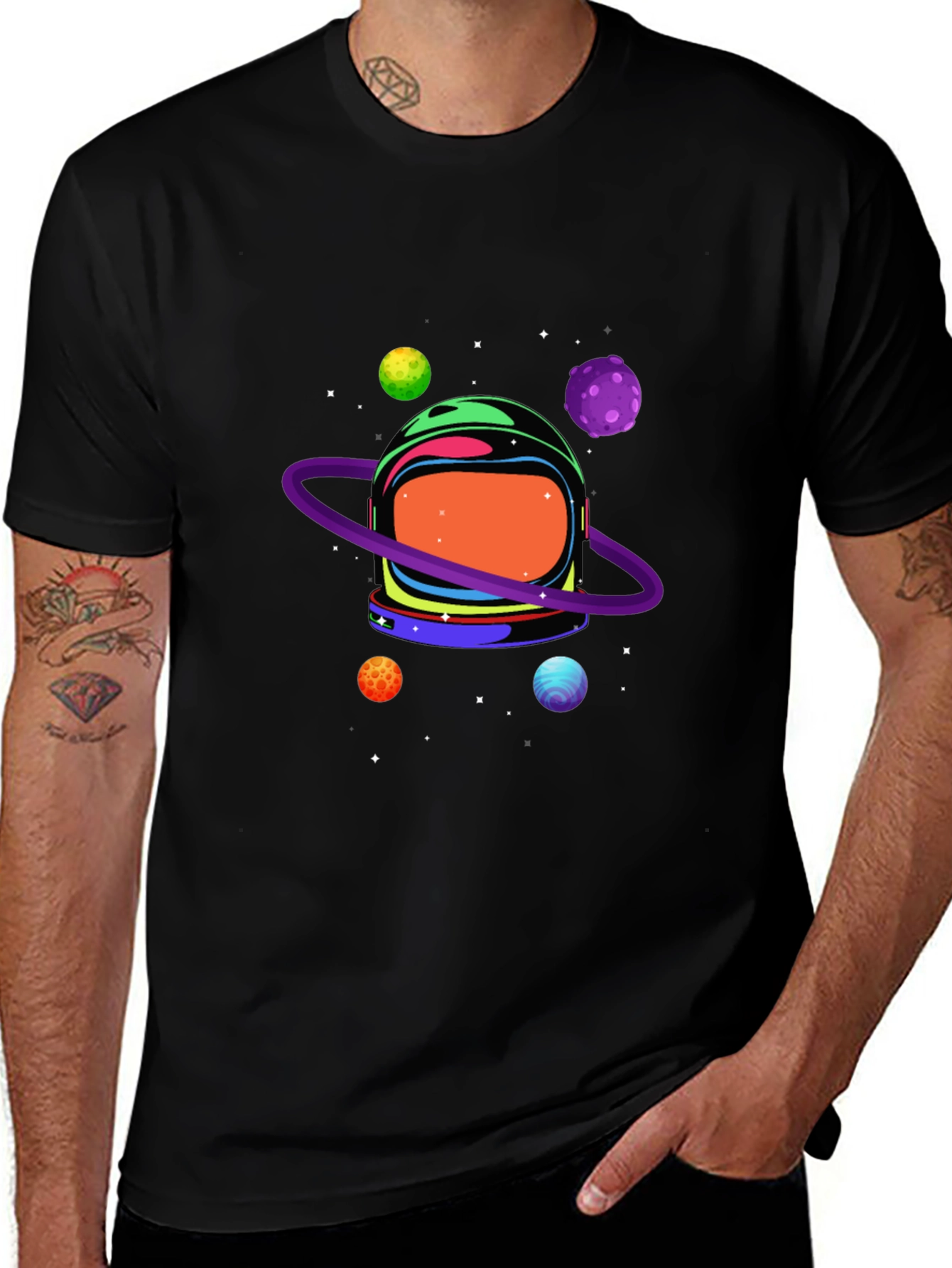 Astronaut Helmet & Planets Graphic Print Black Tee