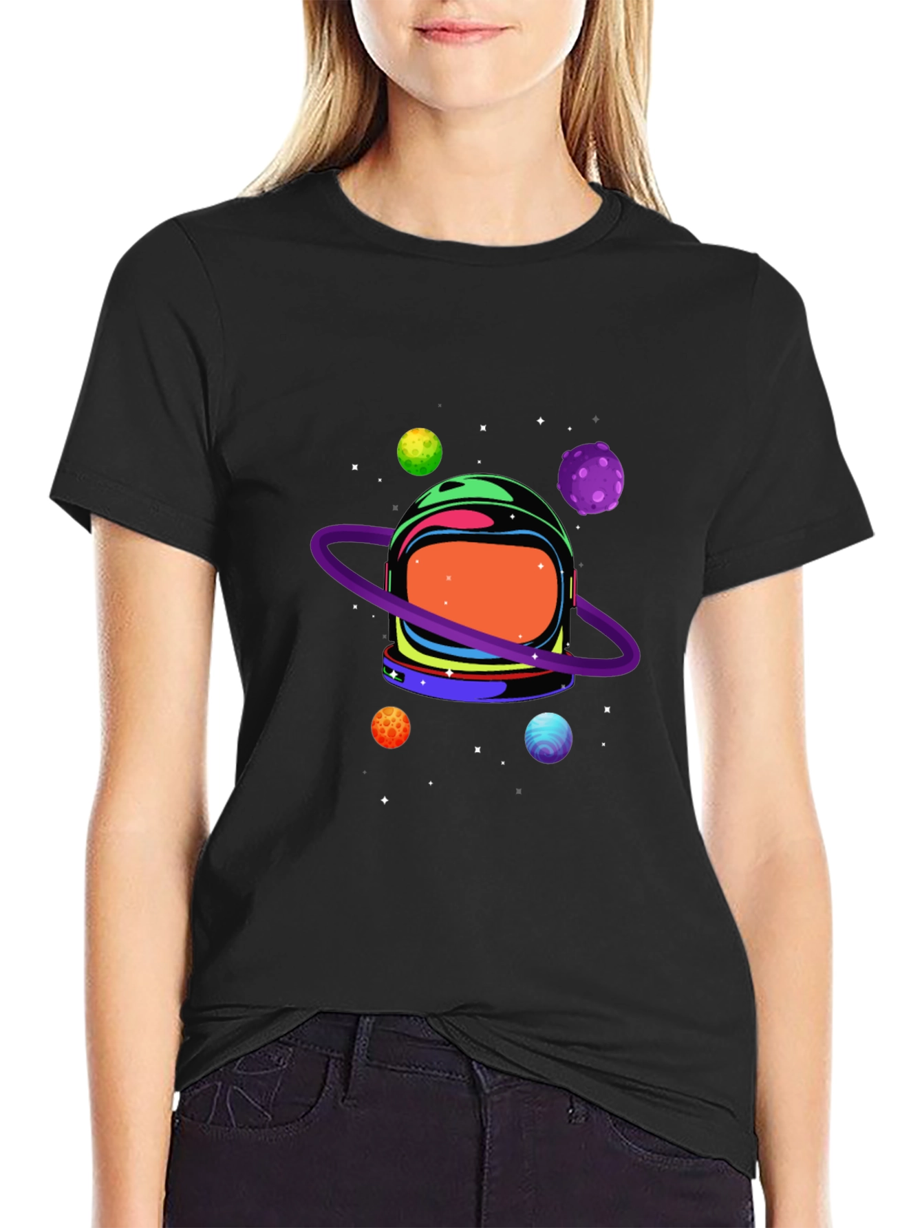 Astronaut Helmet & Planets Graphic Print Black Tee