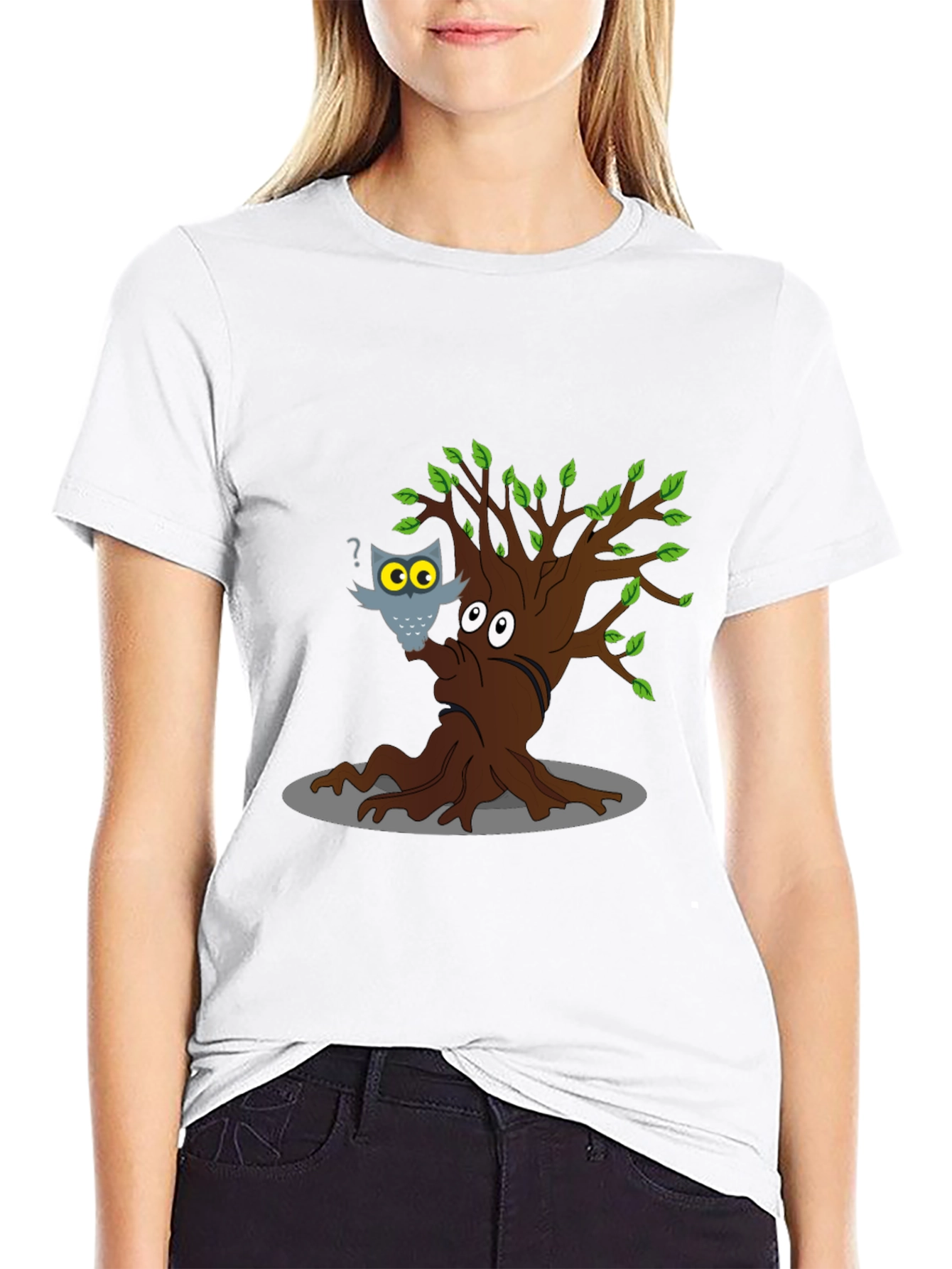 Cartoon Tree & Owl Graphic T-Shirt