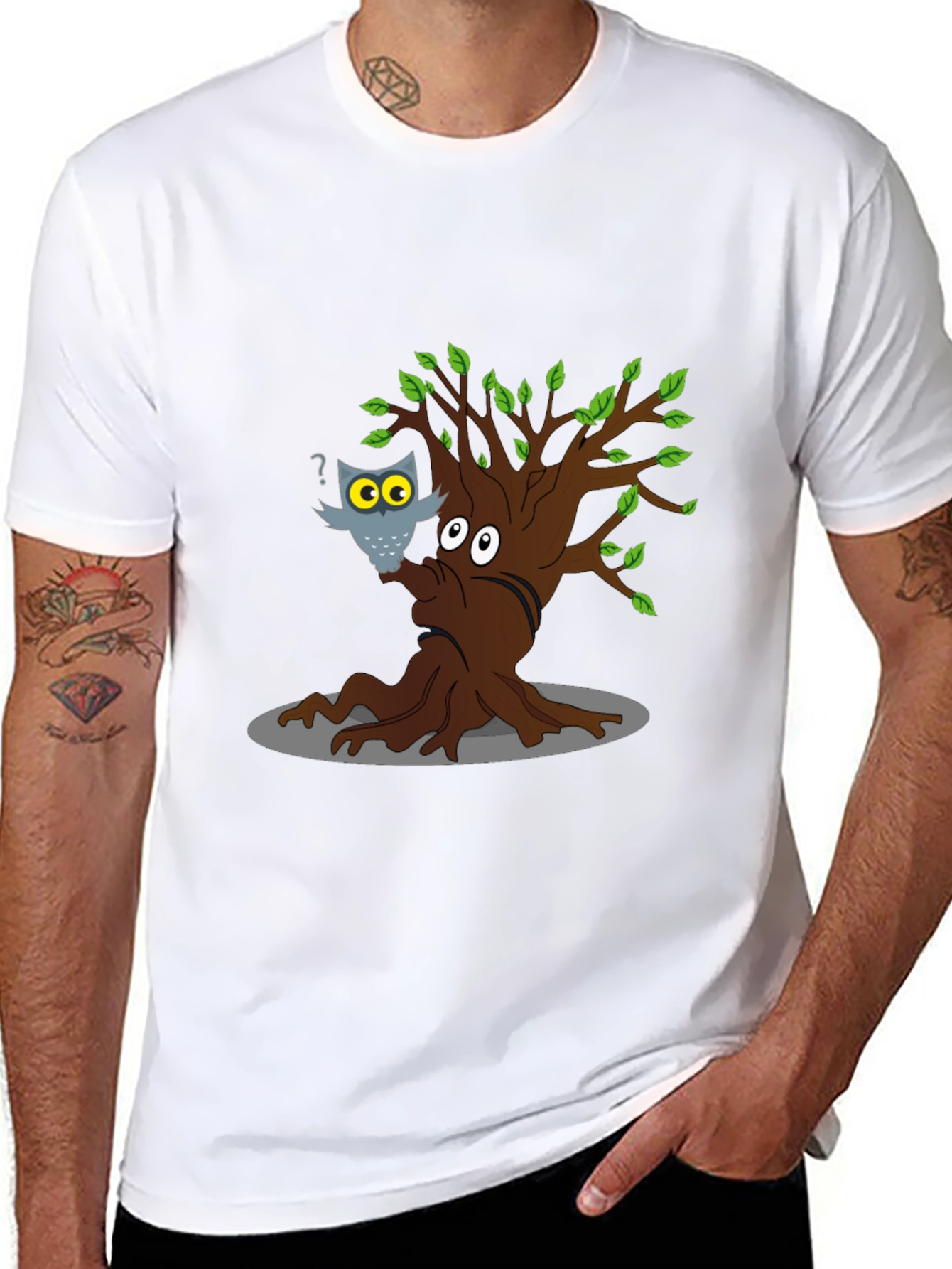 Cartoon Tree & Owl Graphic T-Shirt