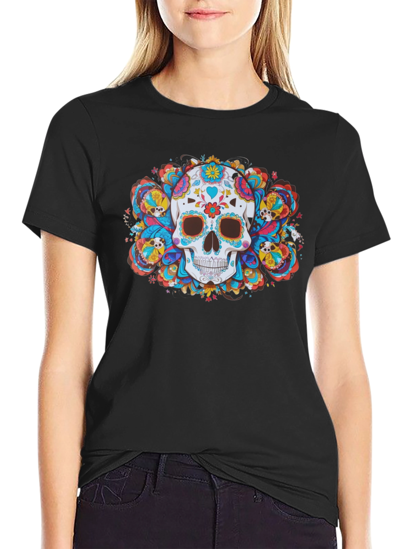 Day of the Dead Skull Graphic Tee - Black