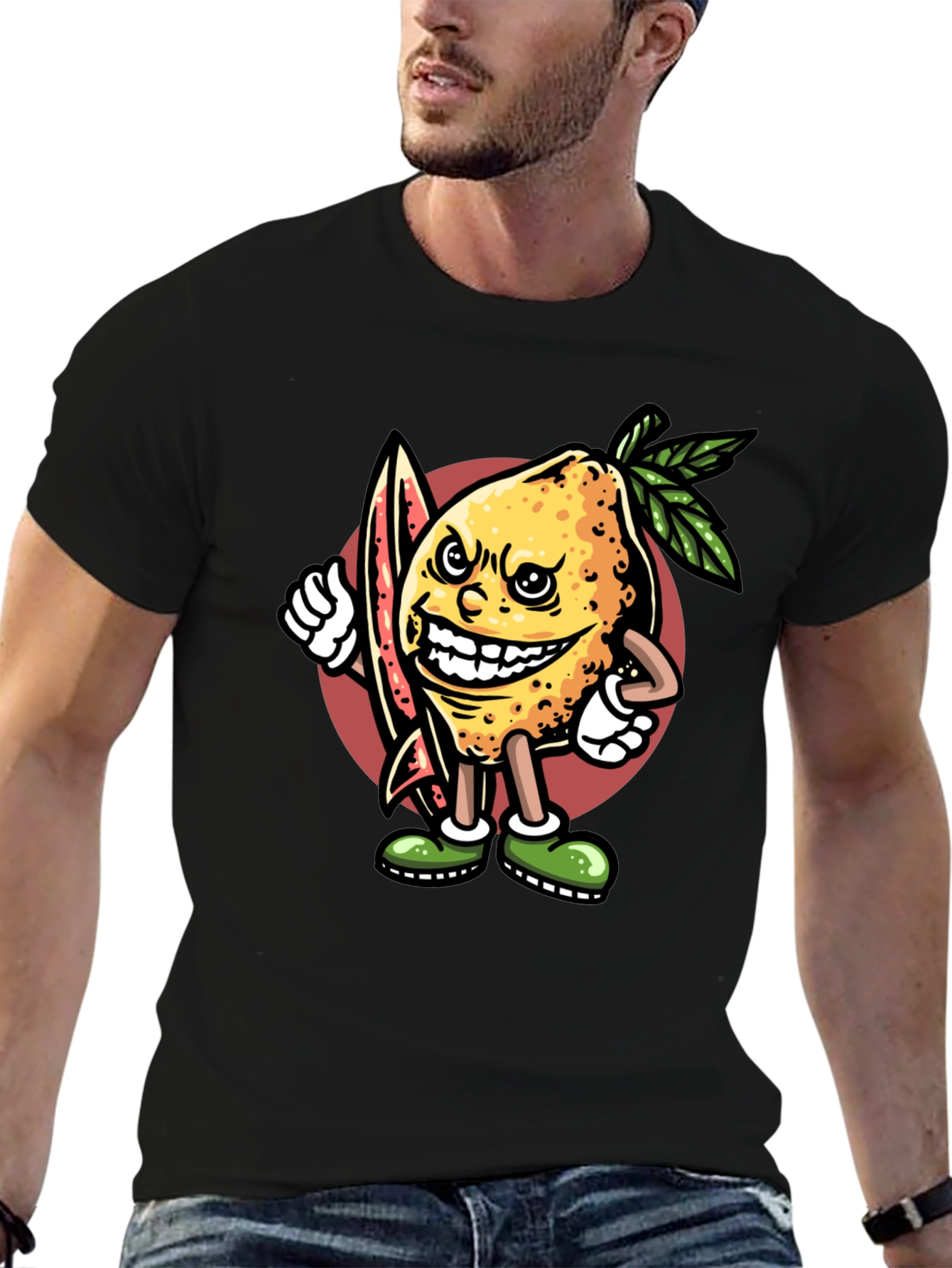 Lemon Surfer Black T-Shirt - Cool Cartoon Graphic