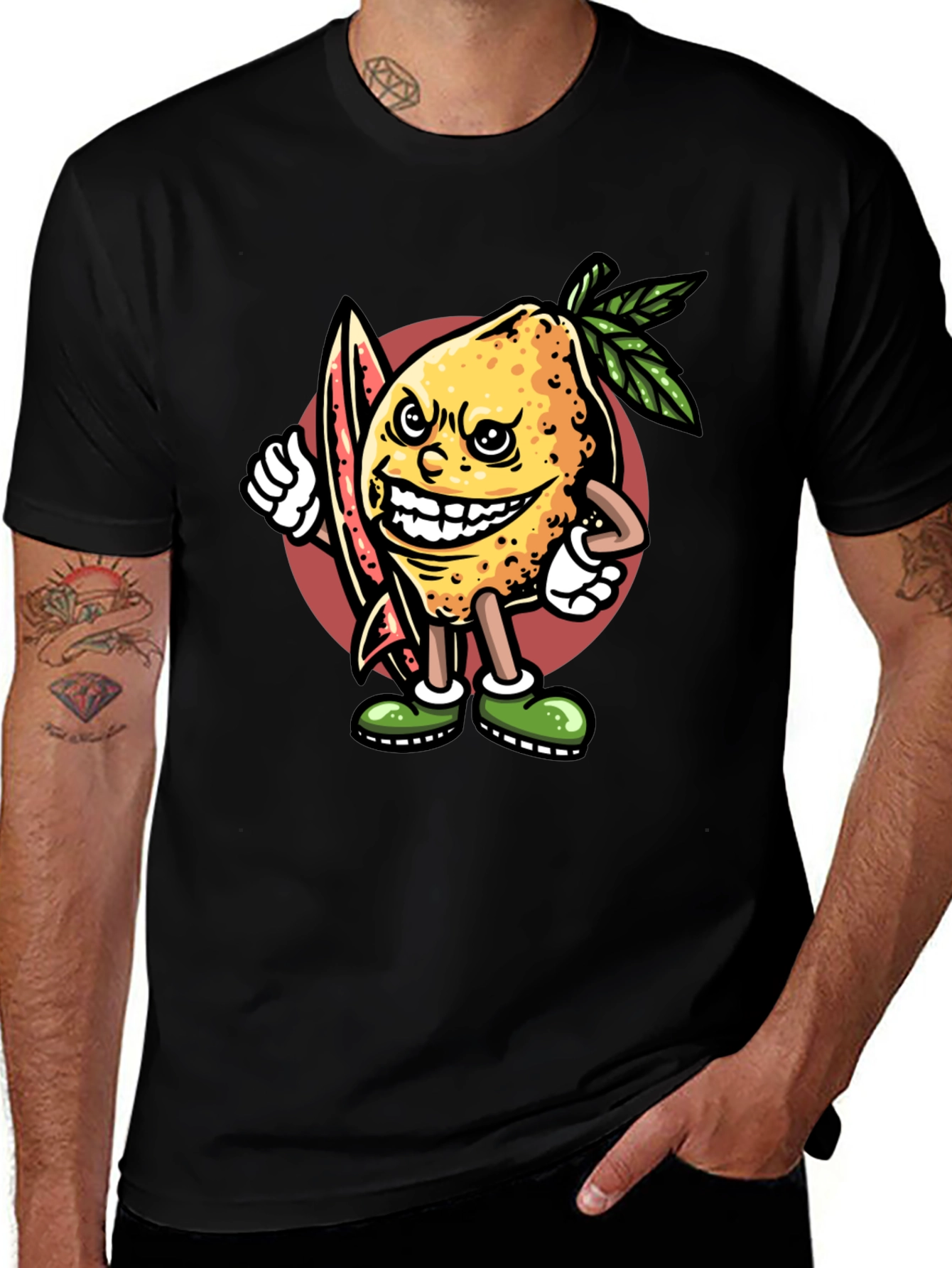 Lemon Surfer Black T-Shirt - Cool Cartoon Graphic