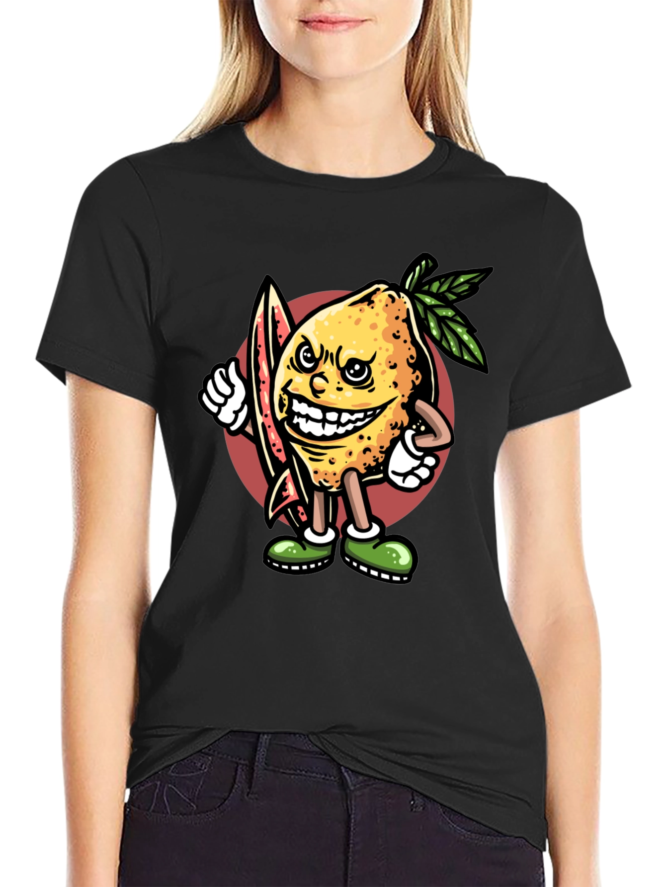 Lemon Surfer Black T-Shirt - Cool Cartoon Graphic