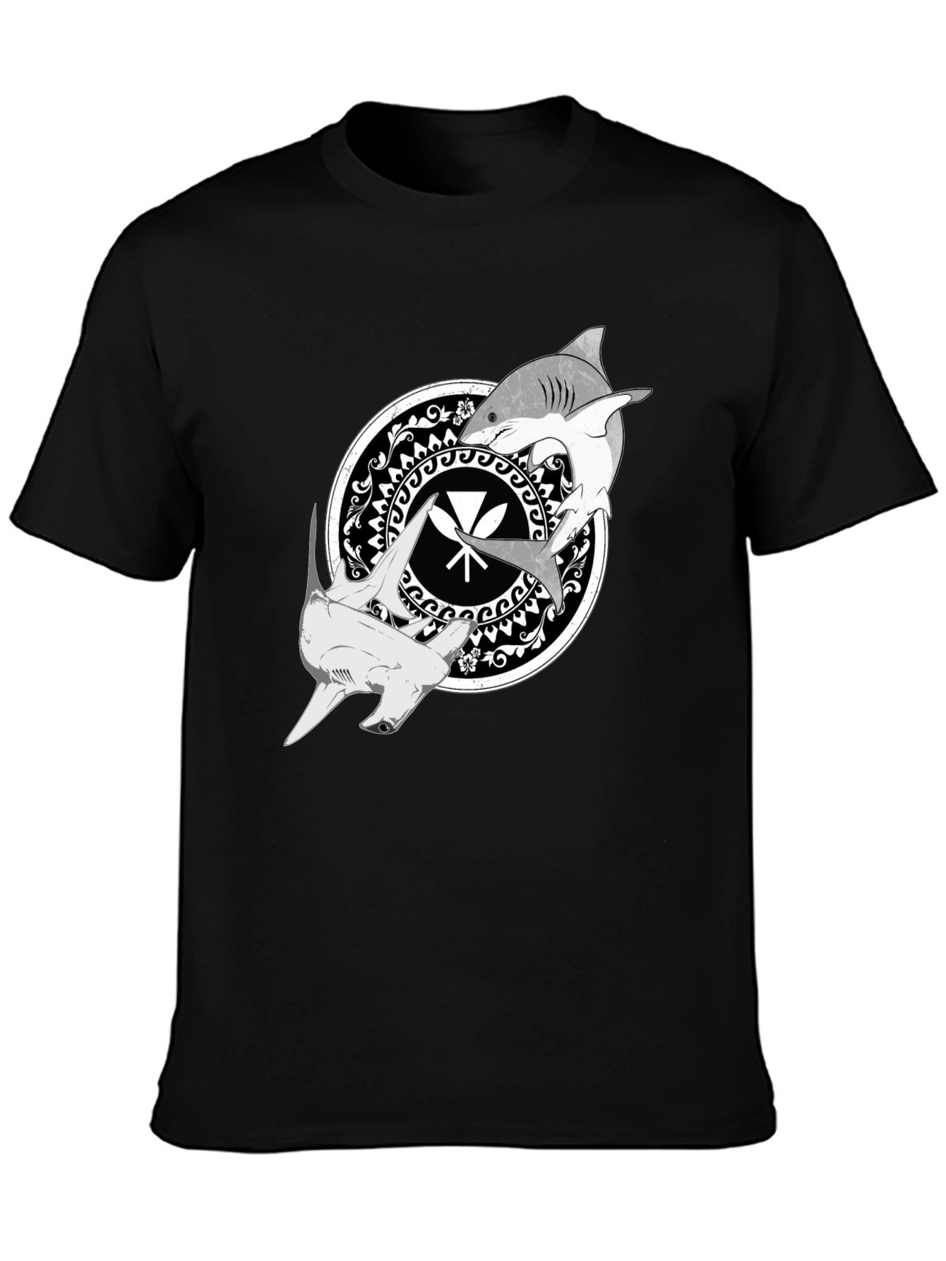 Shark Circle Graphic Tee - Black Crew Neck