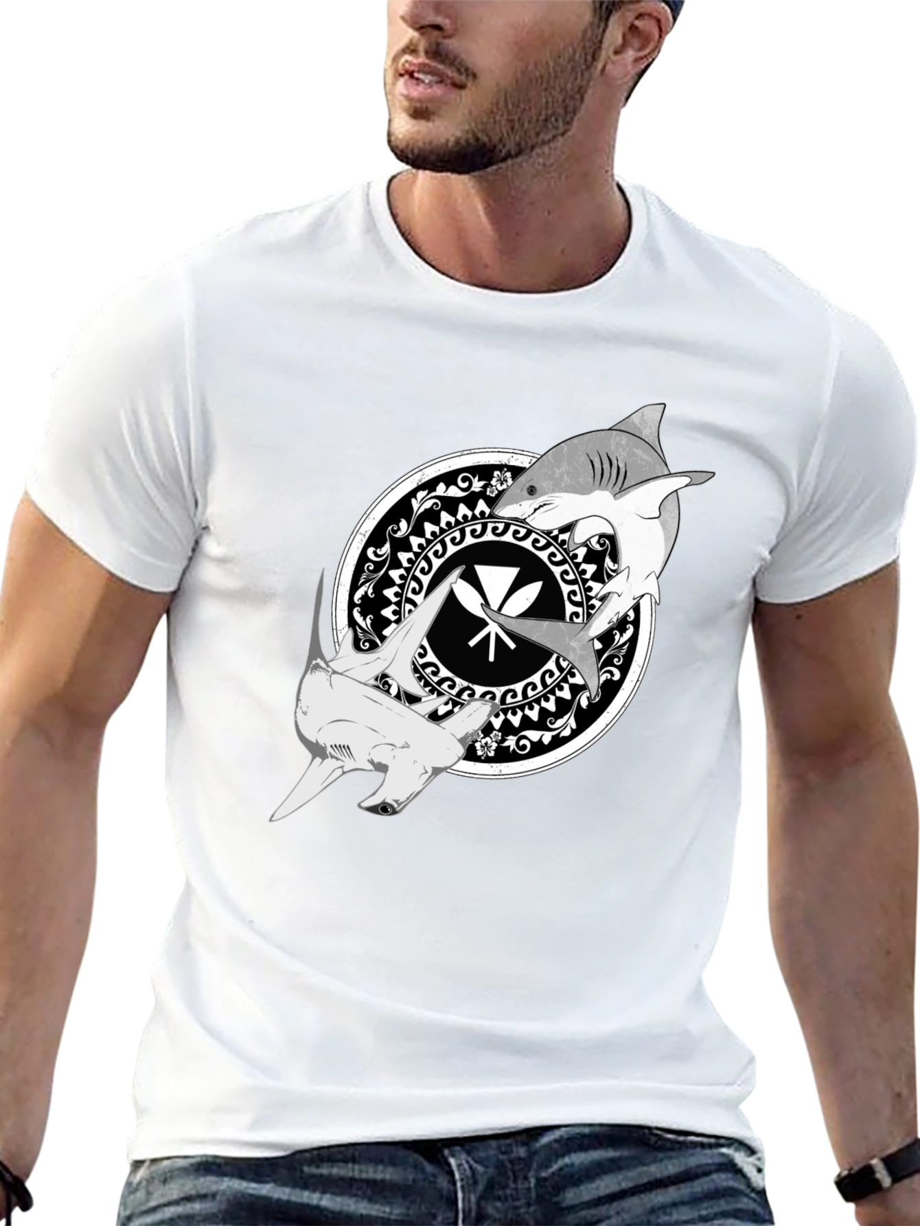 Shark Circle Graphic Tee - Black Crew Neck