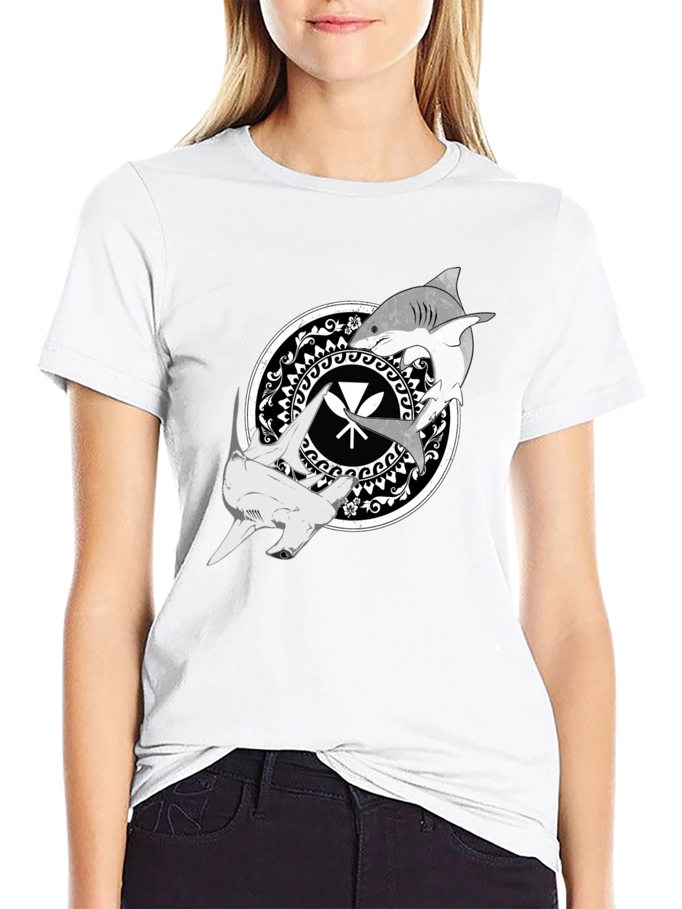 Shark Circle Graphic Tee - Black Crew Neck