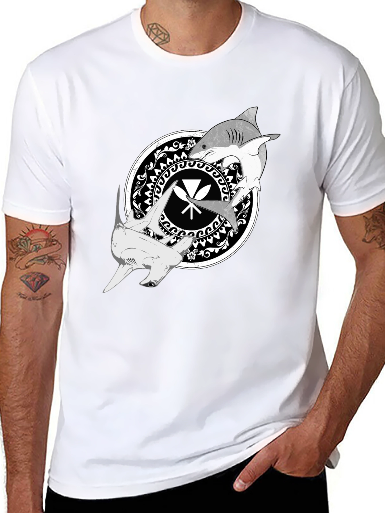 Shark Circle Graphic Tee - Black Crew Neck