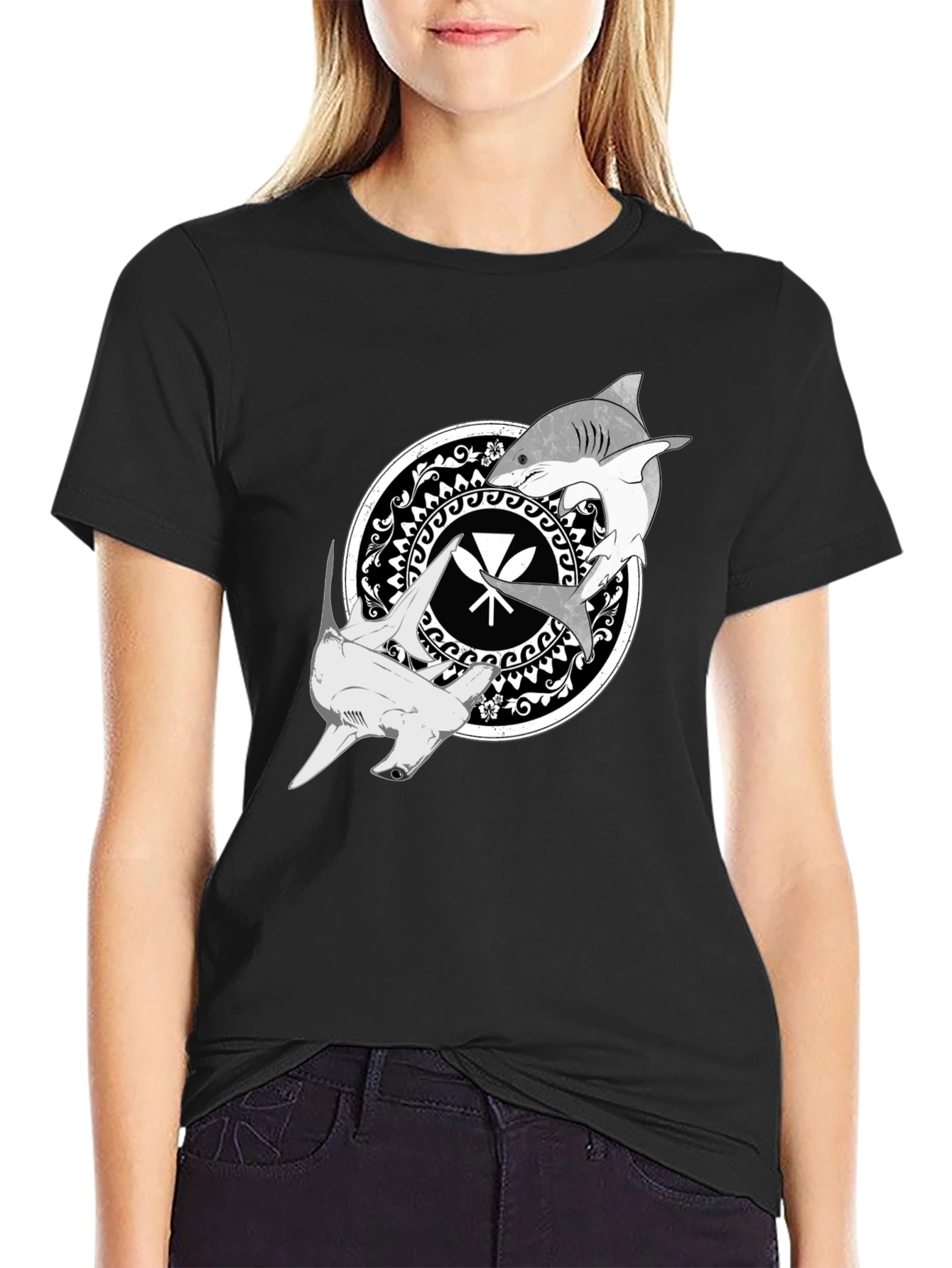 Shark Circle Graphic Tee - Black Crew Neck