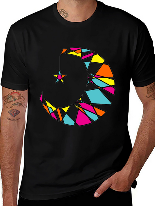 Geometric Moon & Star Graphic Tee - Stylish Black T-Shirt