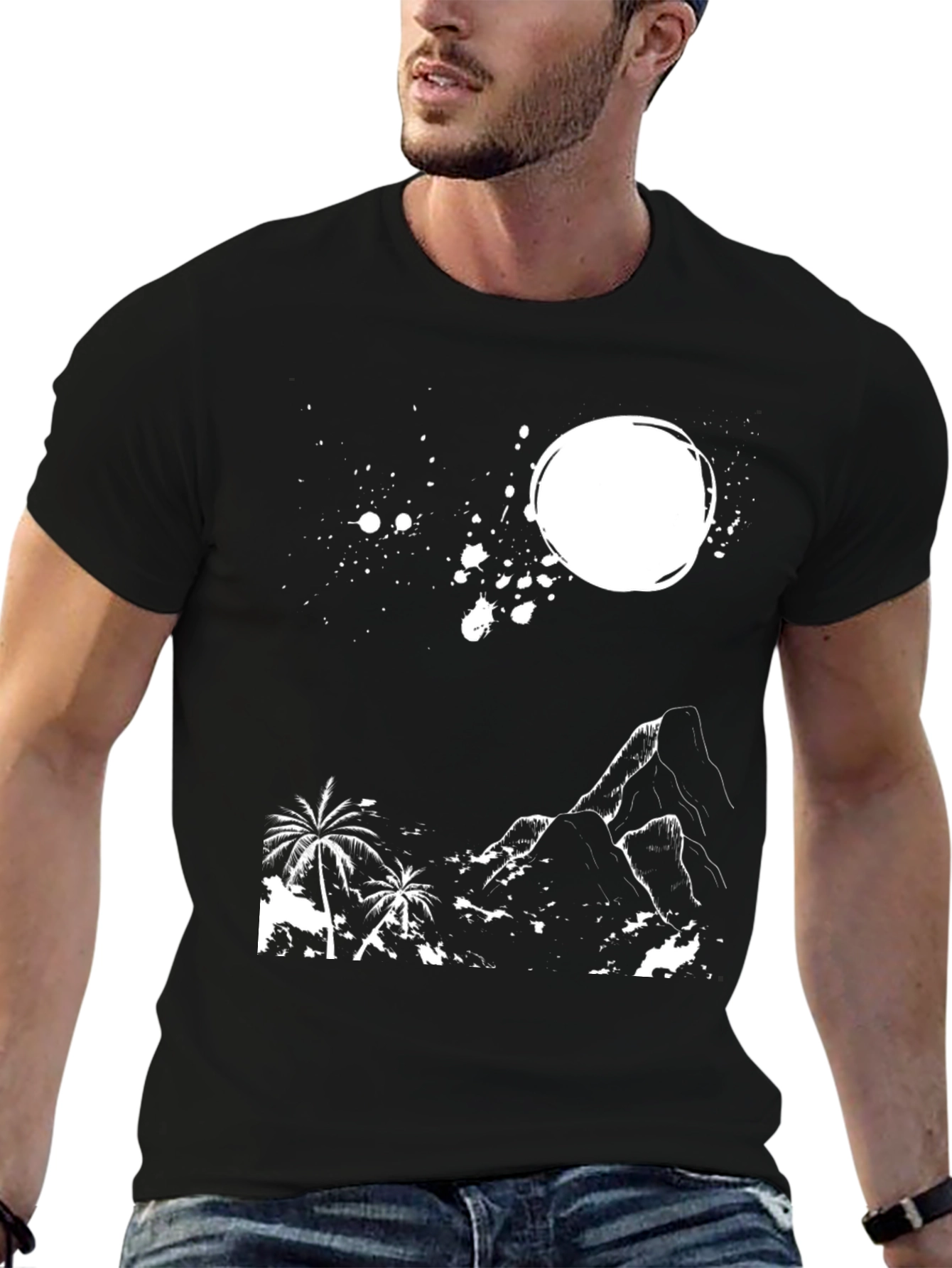 Tropical Mountain Graphic Tee - Black Cotton T-Shirt