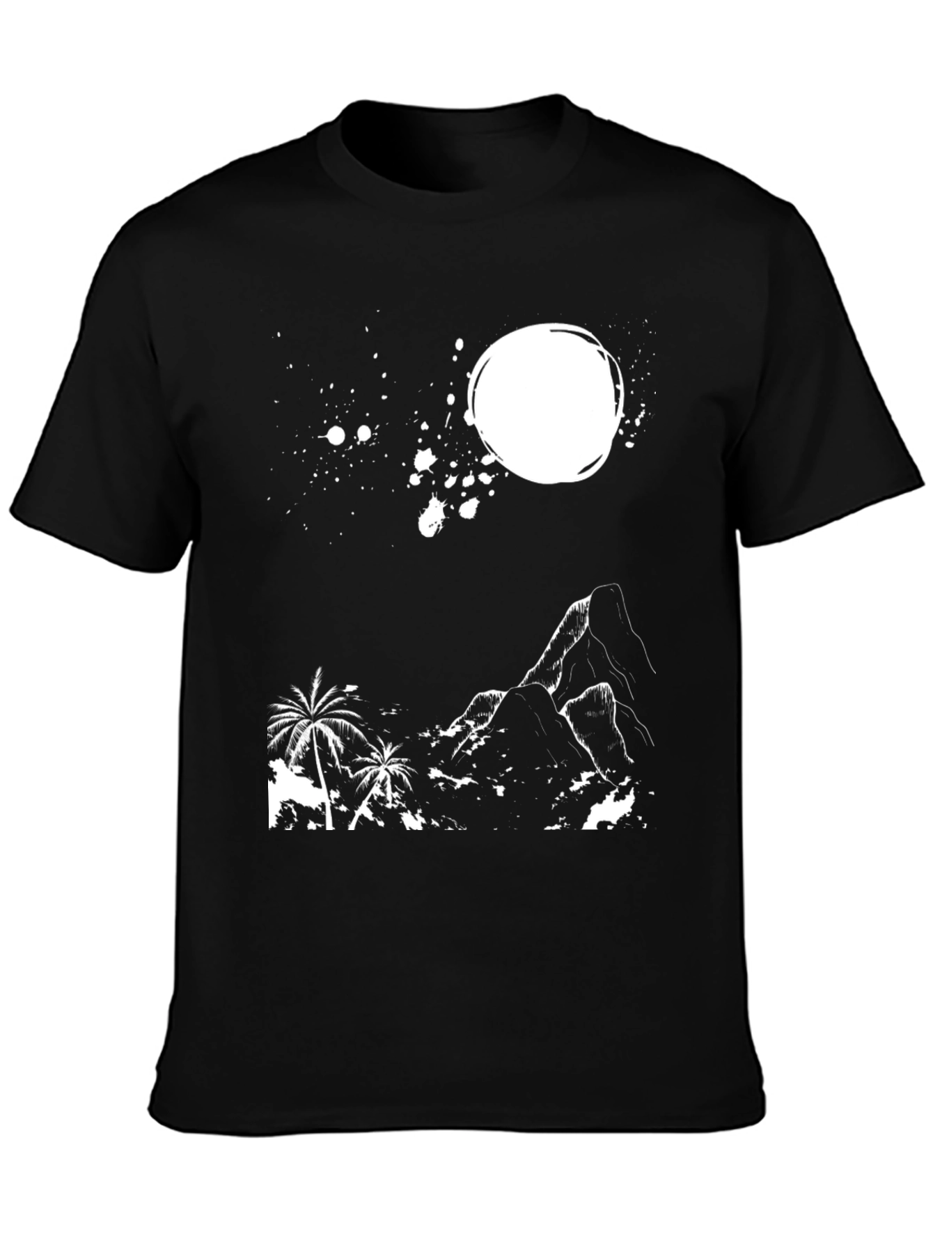 Tropical Mountain Graphic Tee - Black Cotton T-Shirt