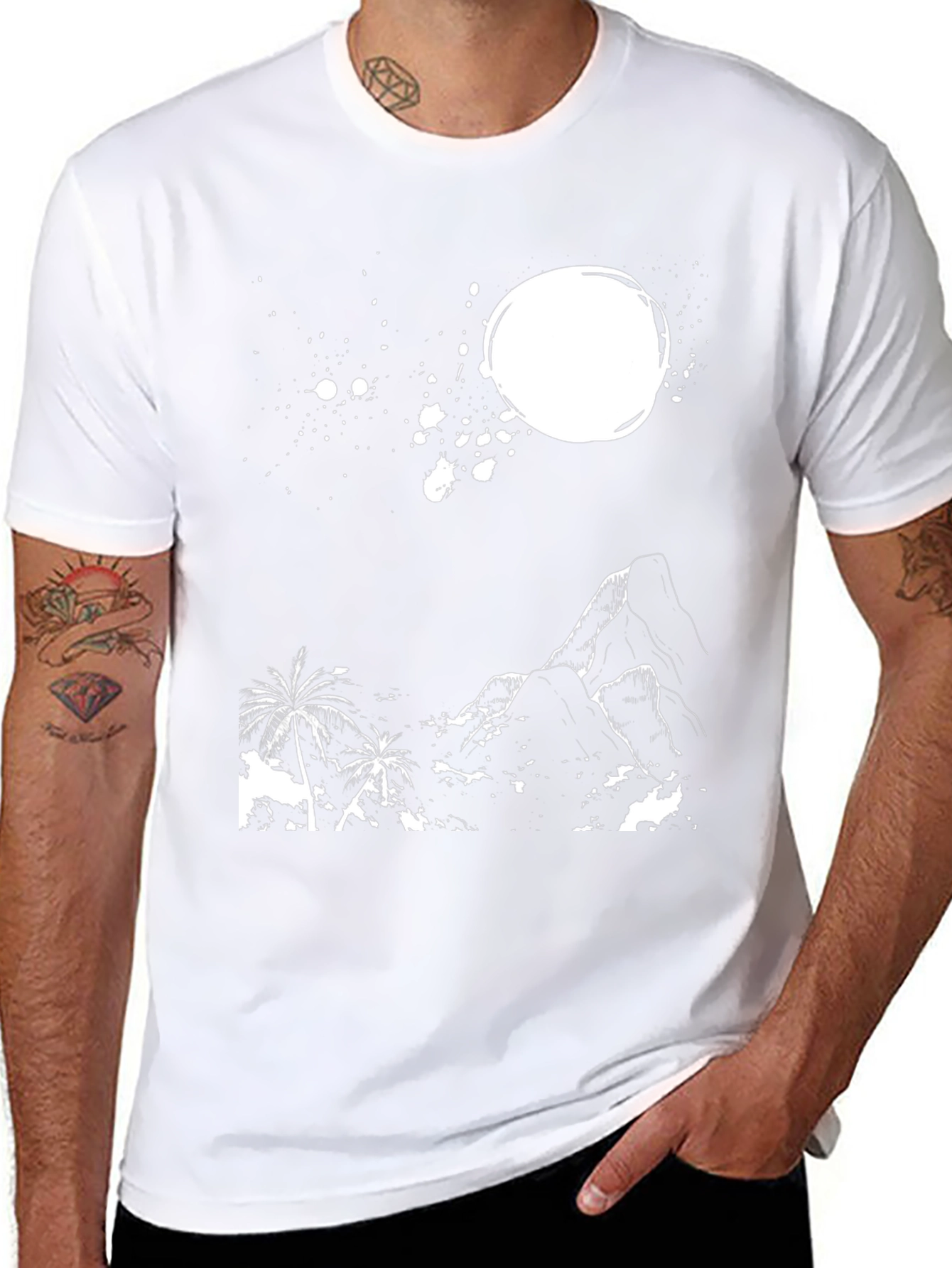 Tropical Mountain Graphic Tee - Black Cotton T-Shirt