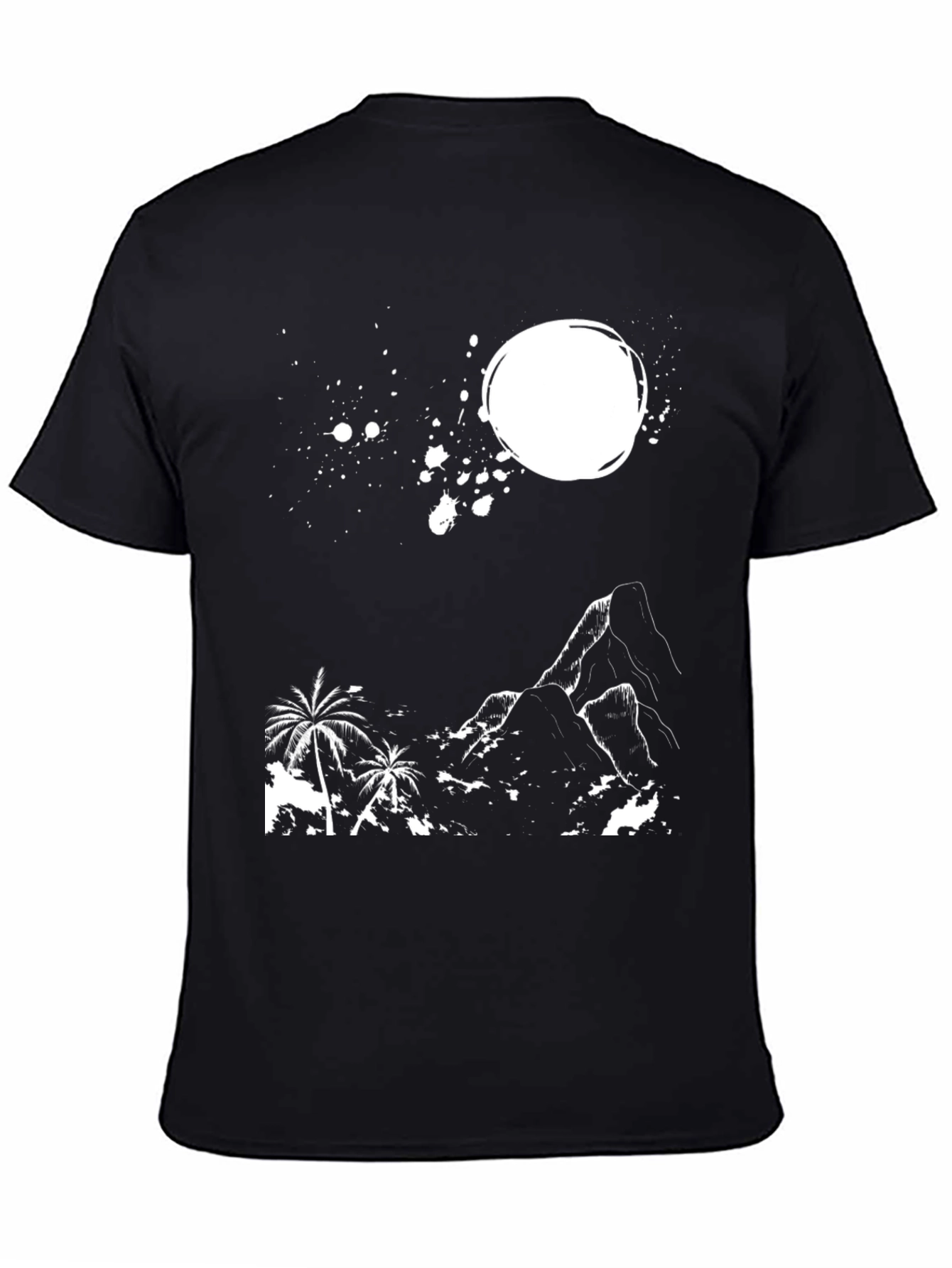 Tropical Mountain Graphic Tee - Black Cotton T-Shirt