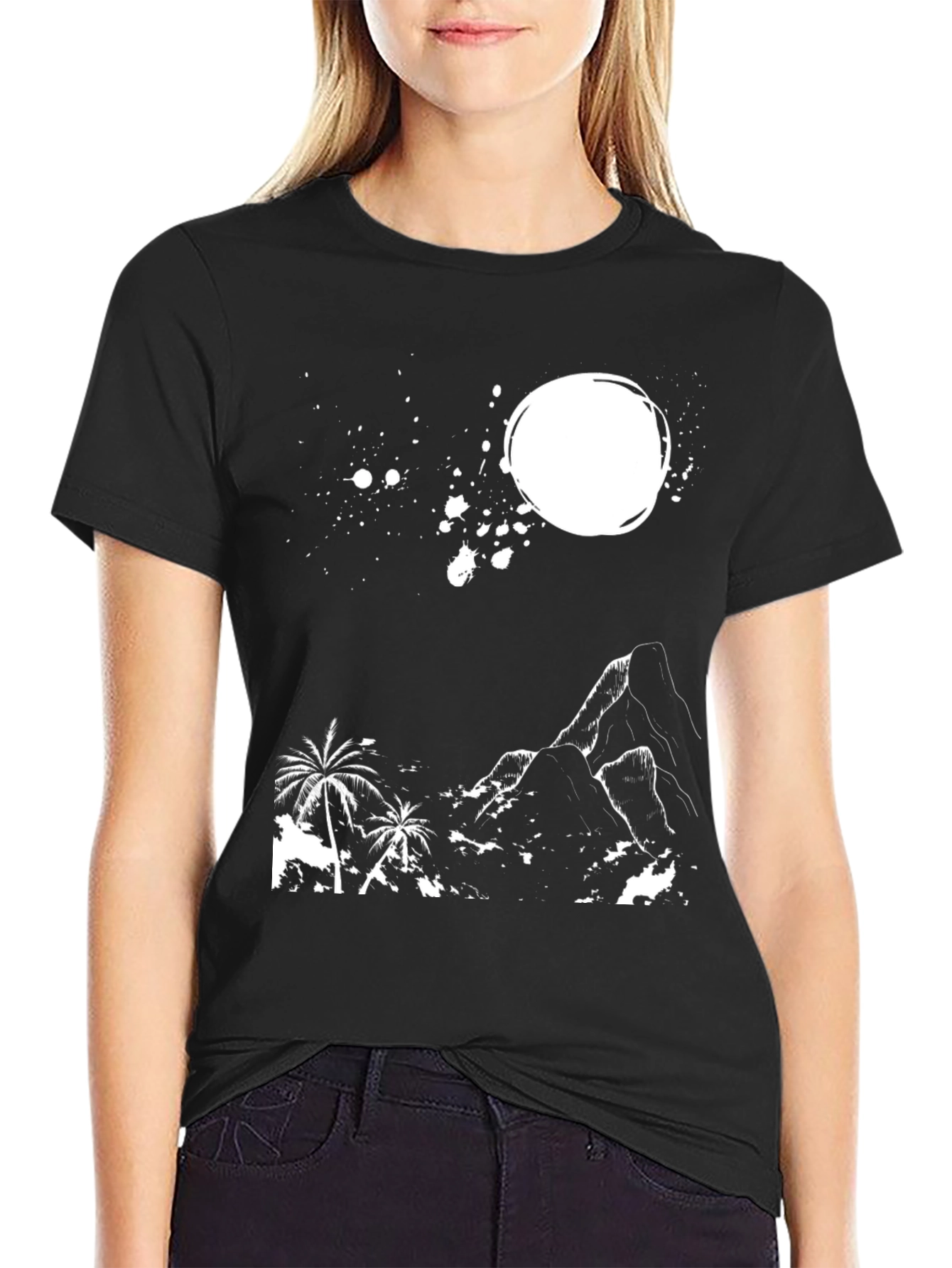 Tropical Mountain Graphic Tee - Black Cotton T-Shirt