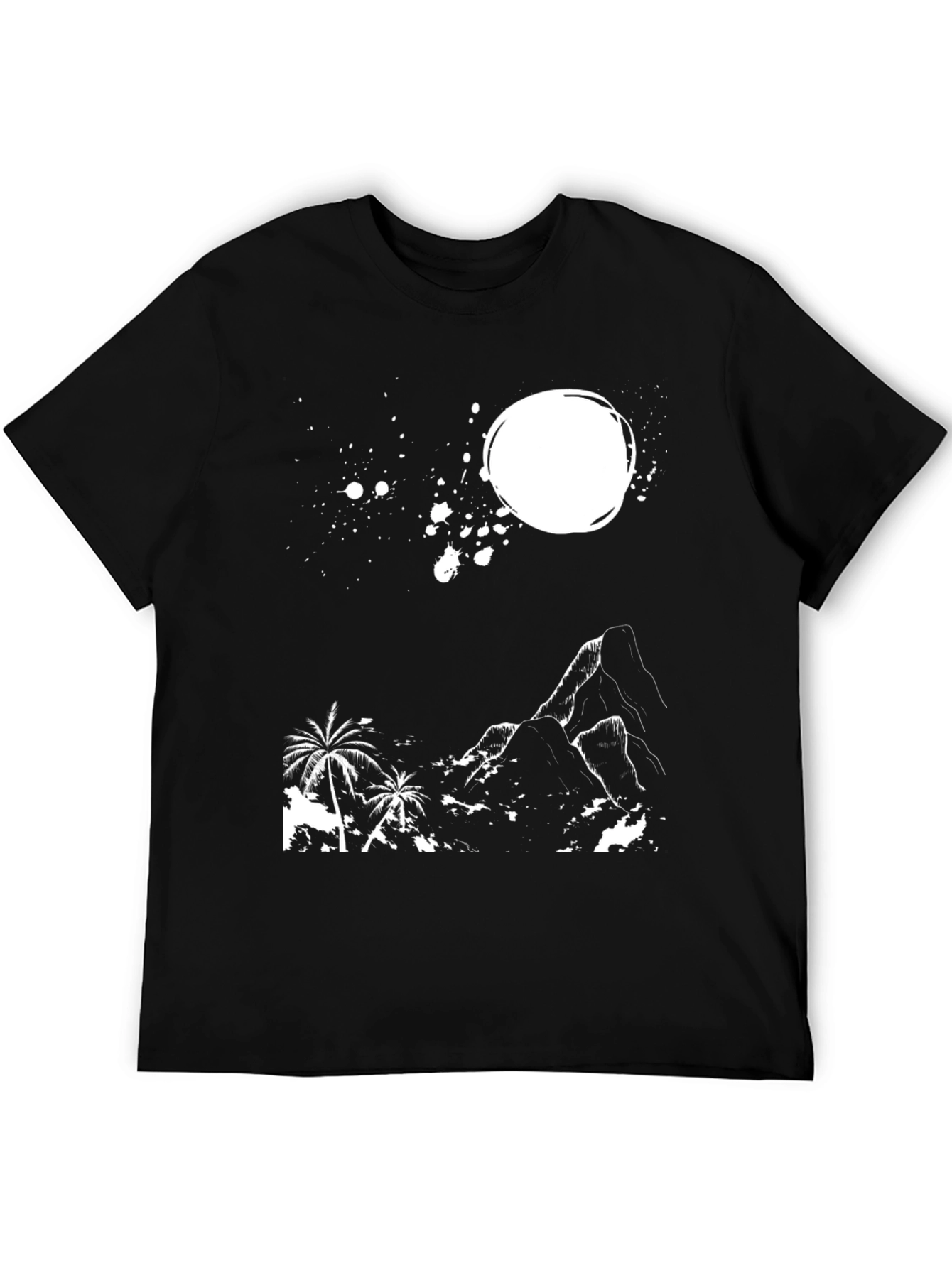 Tropical Mountain Graphic Tee - Black Cotton T-Shirt