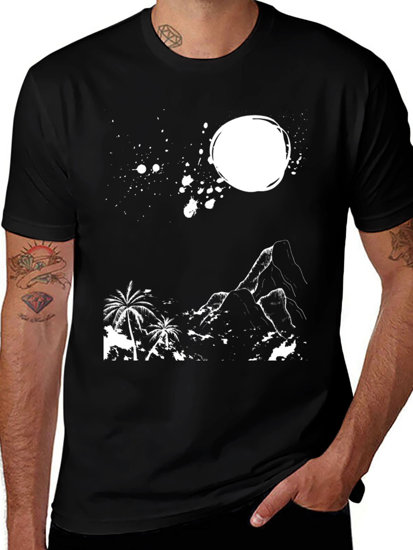 Tropical Mountain Graphic Tee - Black Cotton T-Shirt