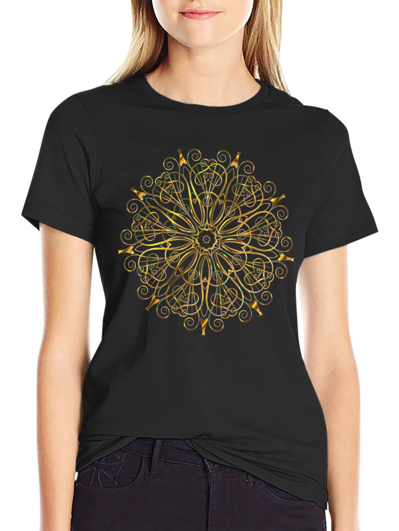 Gold Mandala Graphic Black T-Shirt