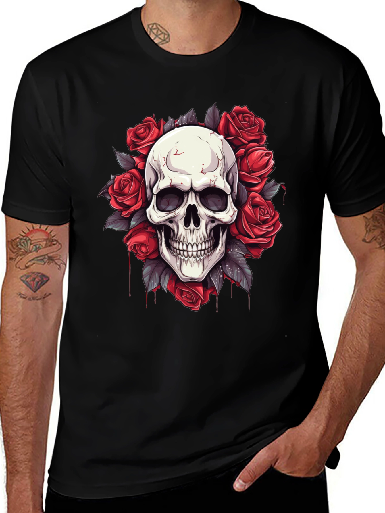 Skull & Roses Graphic Tee - Mens Black T-Shirt