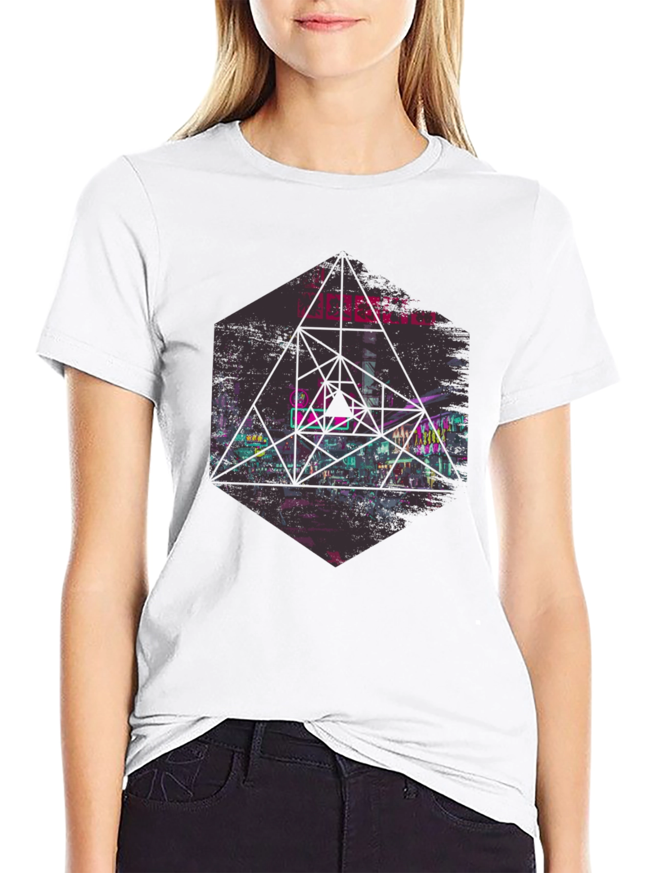 Geometric Cityscape Graphic Tee - Black