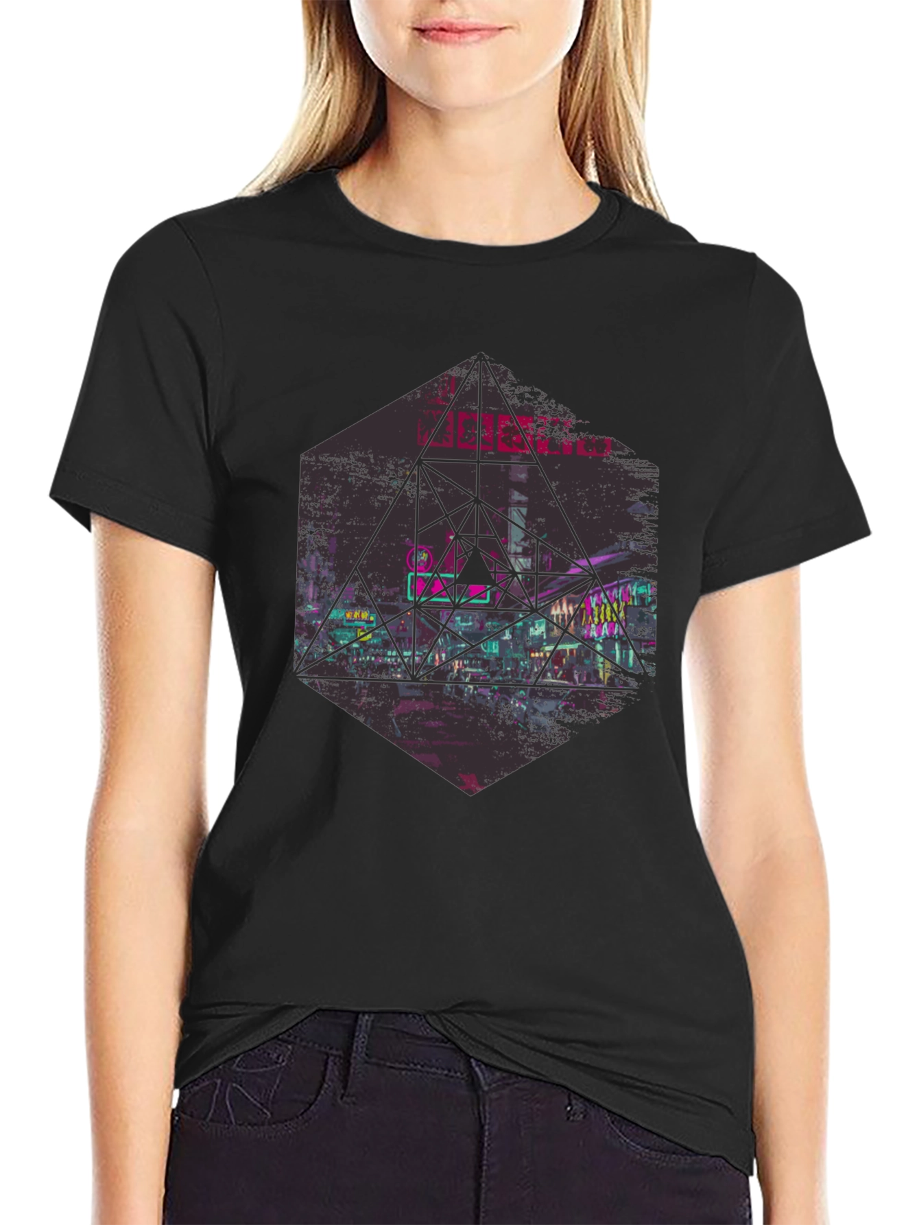 Geometric Cityscape Graphic Tee - Black