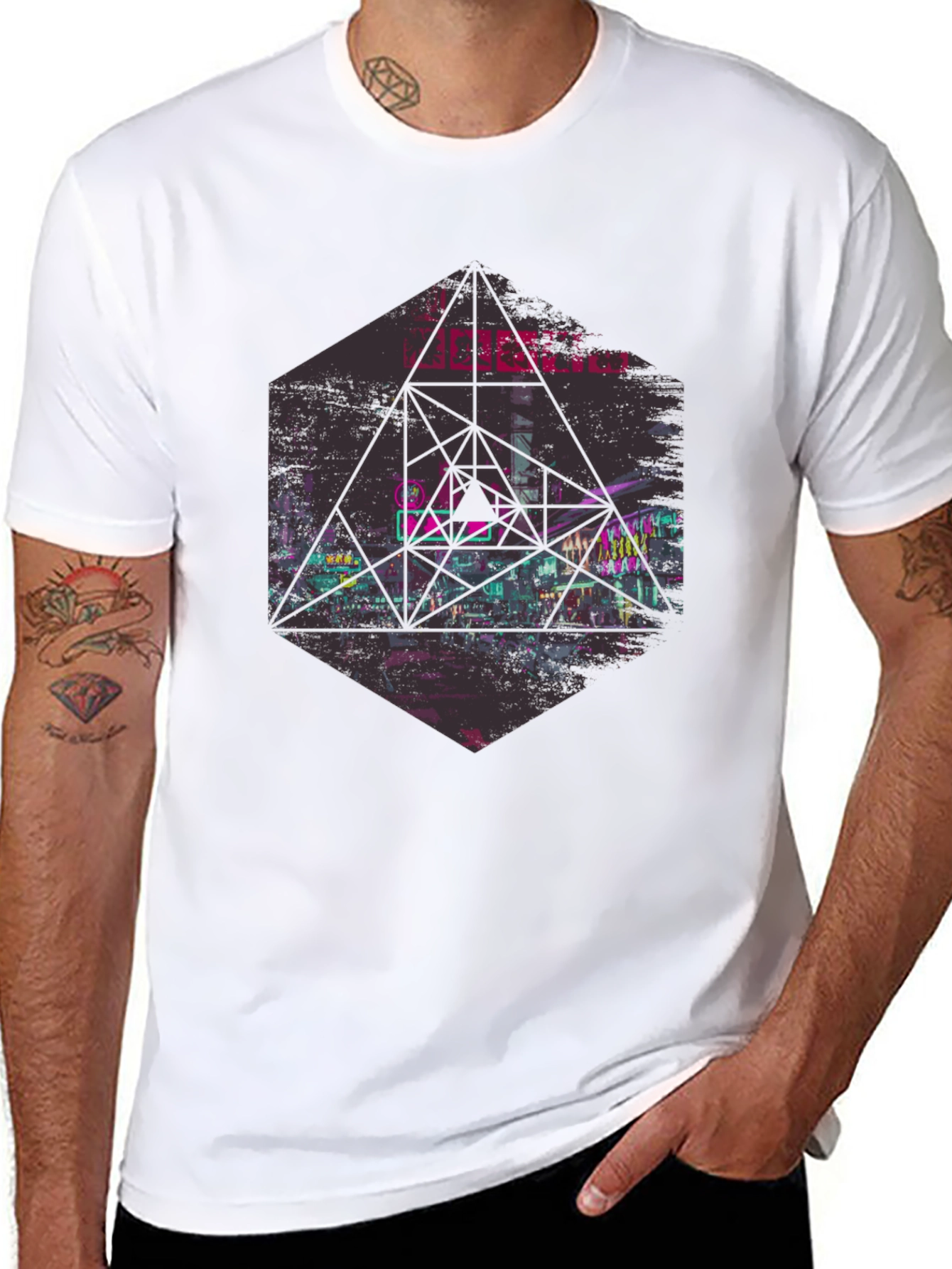 Geometric Cityscape Graphic Tee - Black