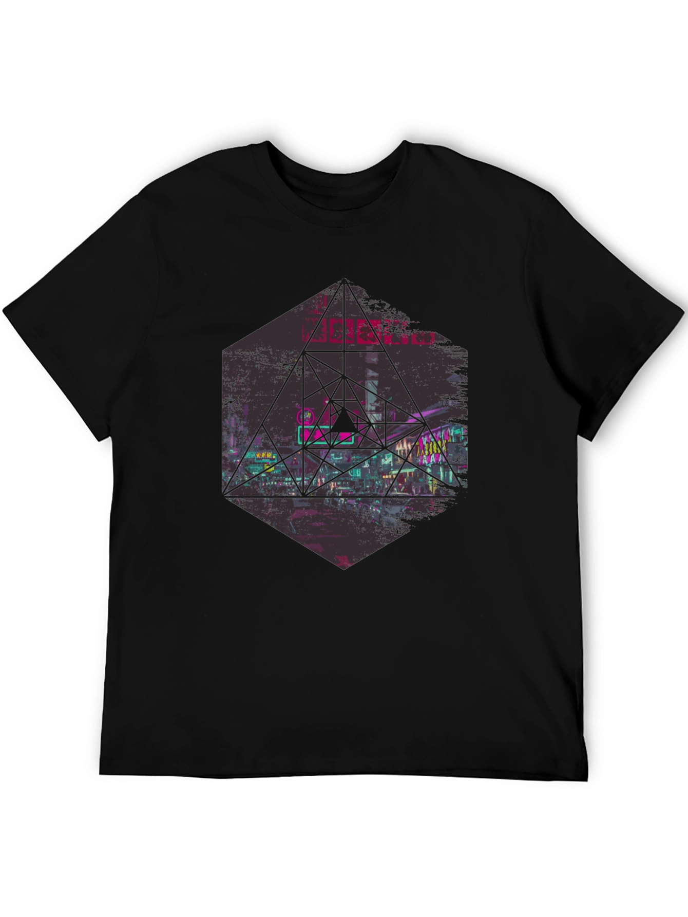 Geometric Cityscape Graphic Tee - Black
