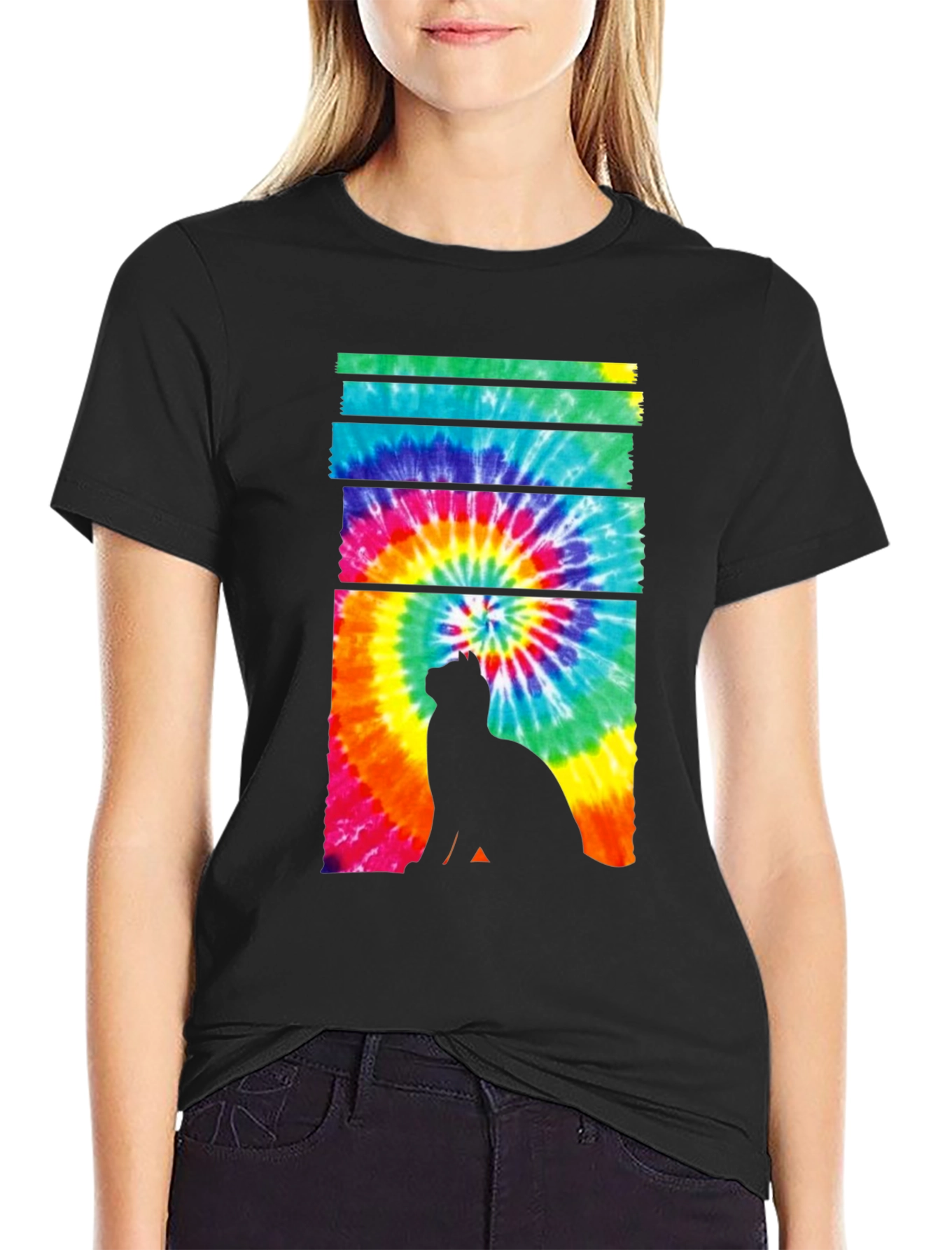 Tie-Dye Cat Silhouette Graphic Tee